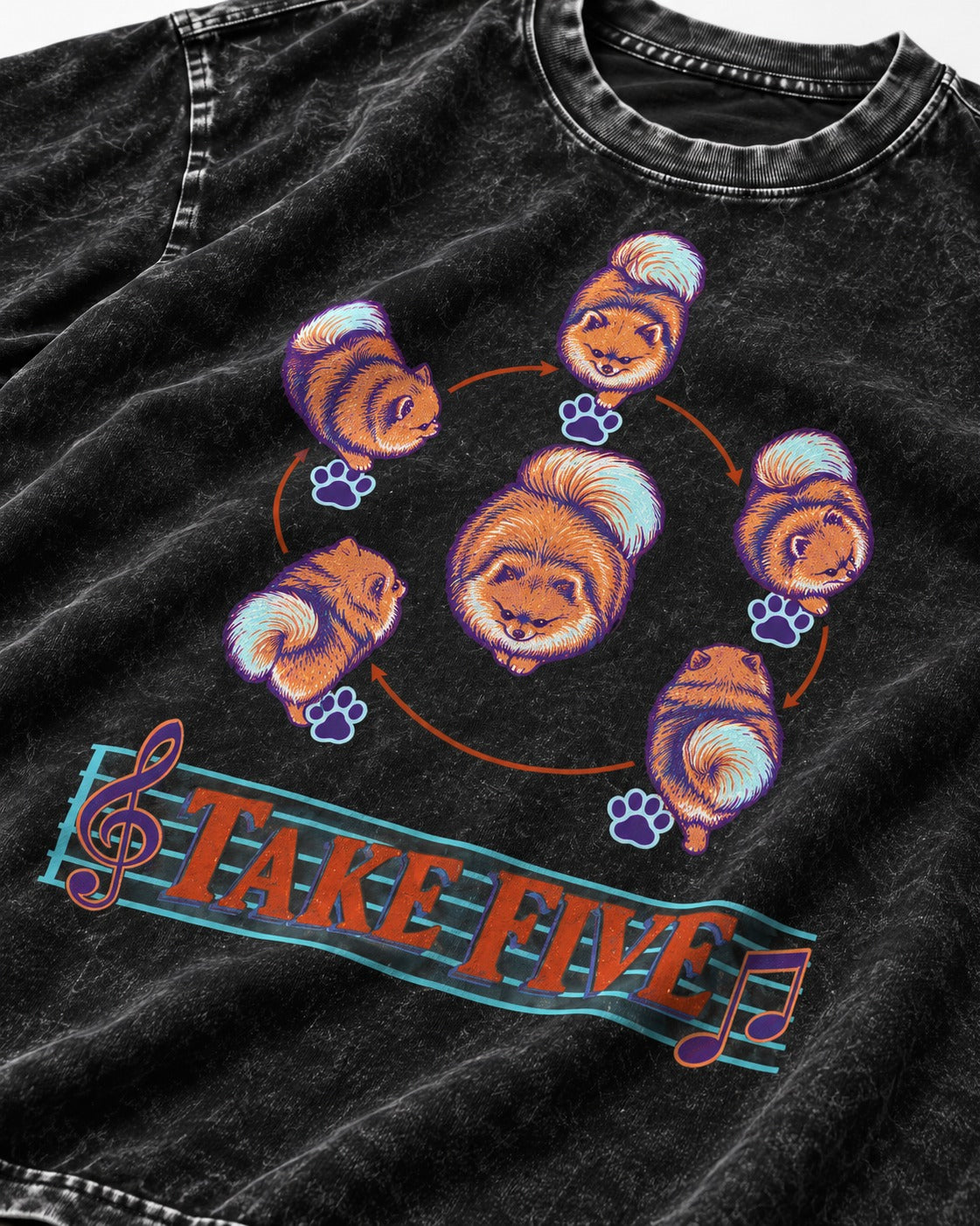 Pomeranian Take Five Choreography Cycle Graphic Washed Tee in Black, close-up of the graphic