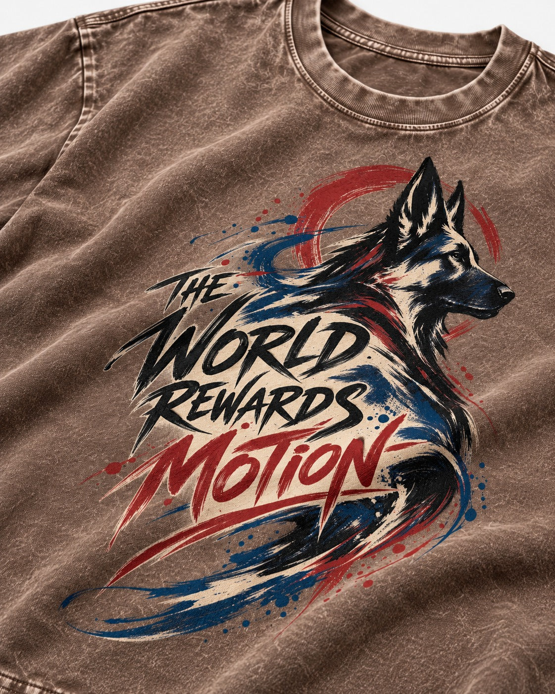 German Shepherd Dog The World Rewards Motion Washed Tee in Coffee, close-up of the graphic