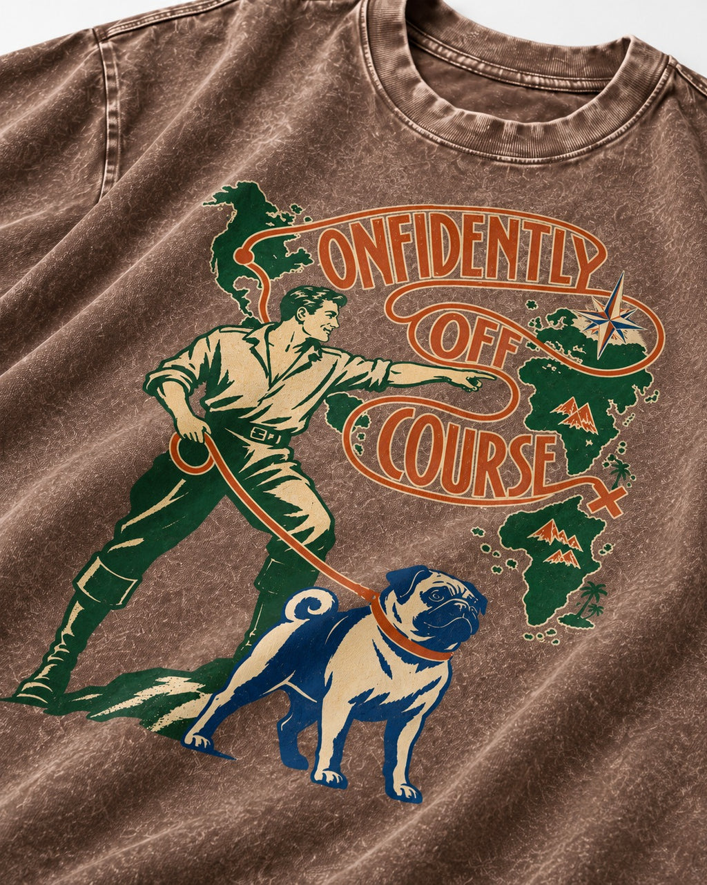 Pug Confidently Off Course Washed Tee in Coffee, close-up of the graphic