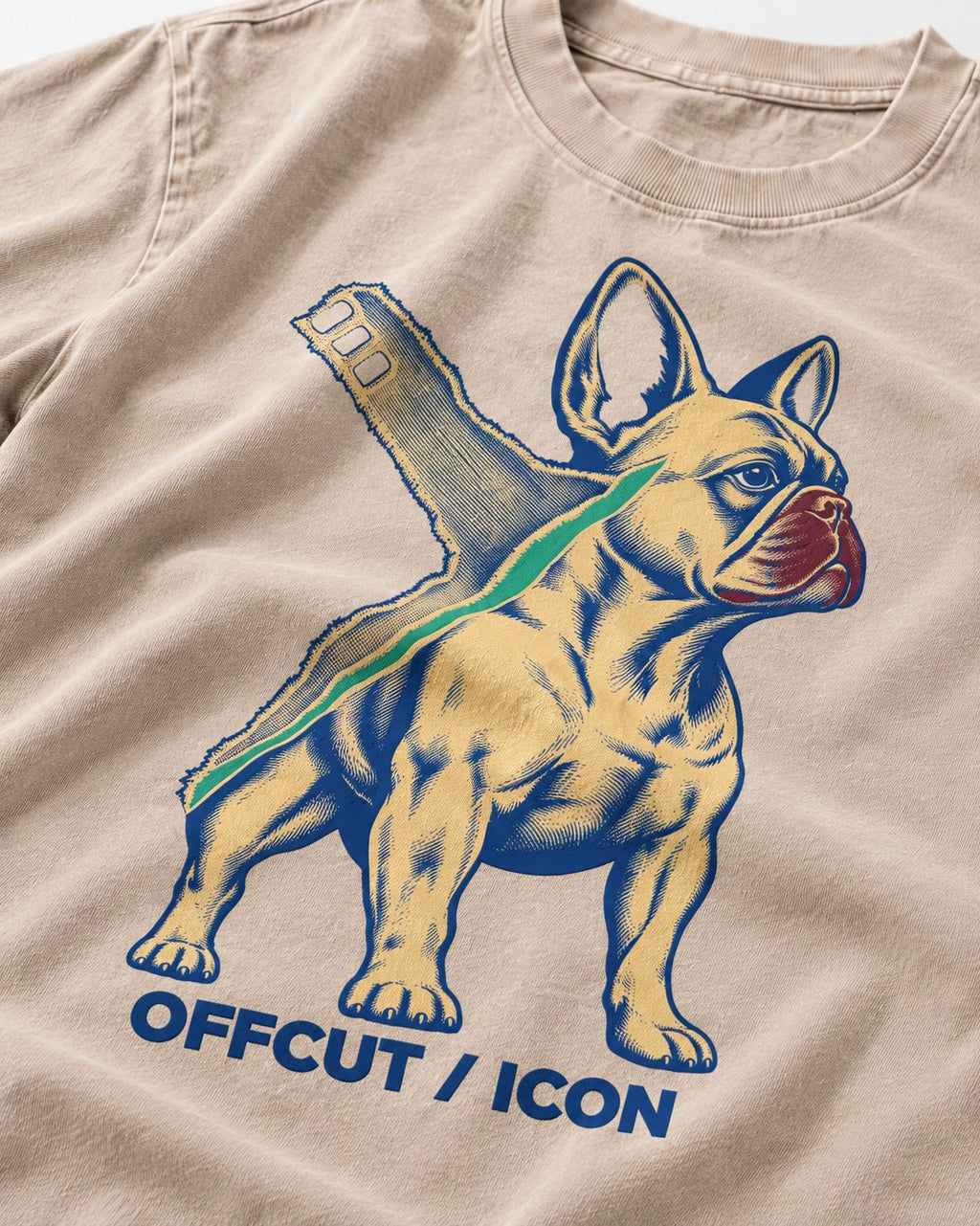 Offcut Frenchie Icon Washed Tee in Apricot, close-up of the graphic