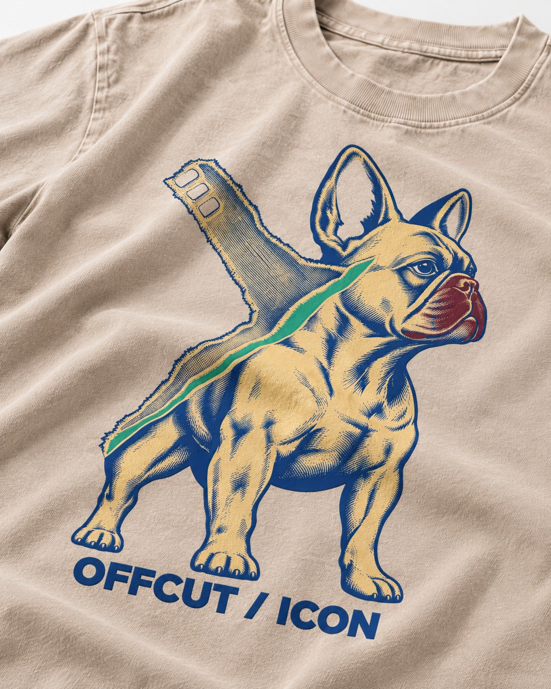 Offcut Frenchie Icon Washed Tee in Apricot, close-up of the graphic