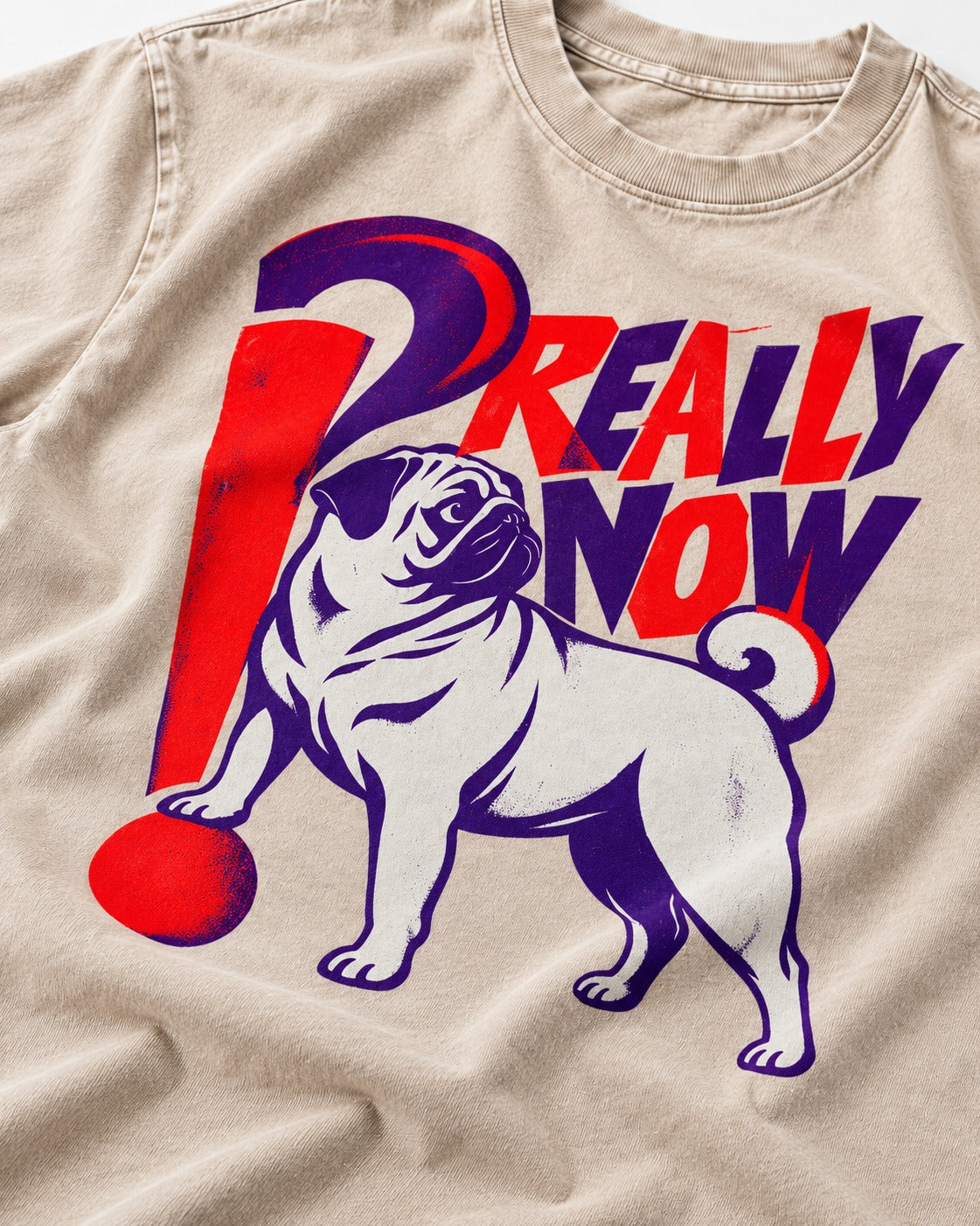Really Now Pug Washed Tee in Apricot, close-up of the graphic