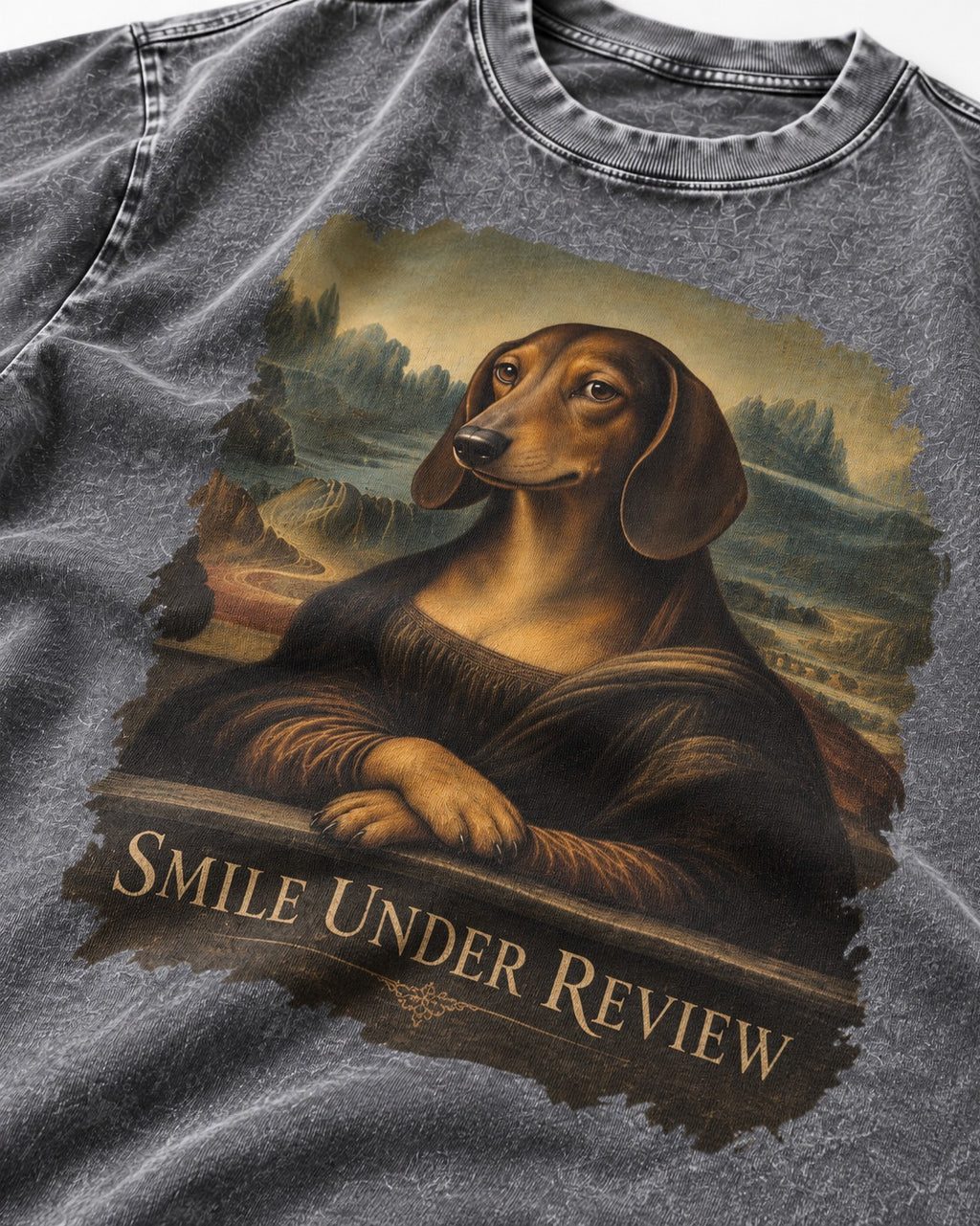 Dachshund Smile Under Review Mona Lisa Graphic Washed Tee in Gray, close-up of the graphic