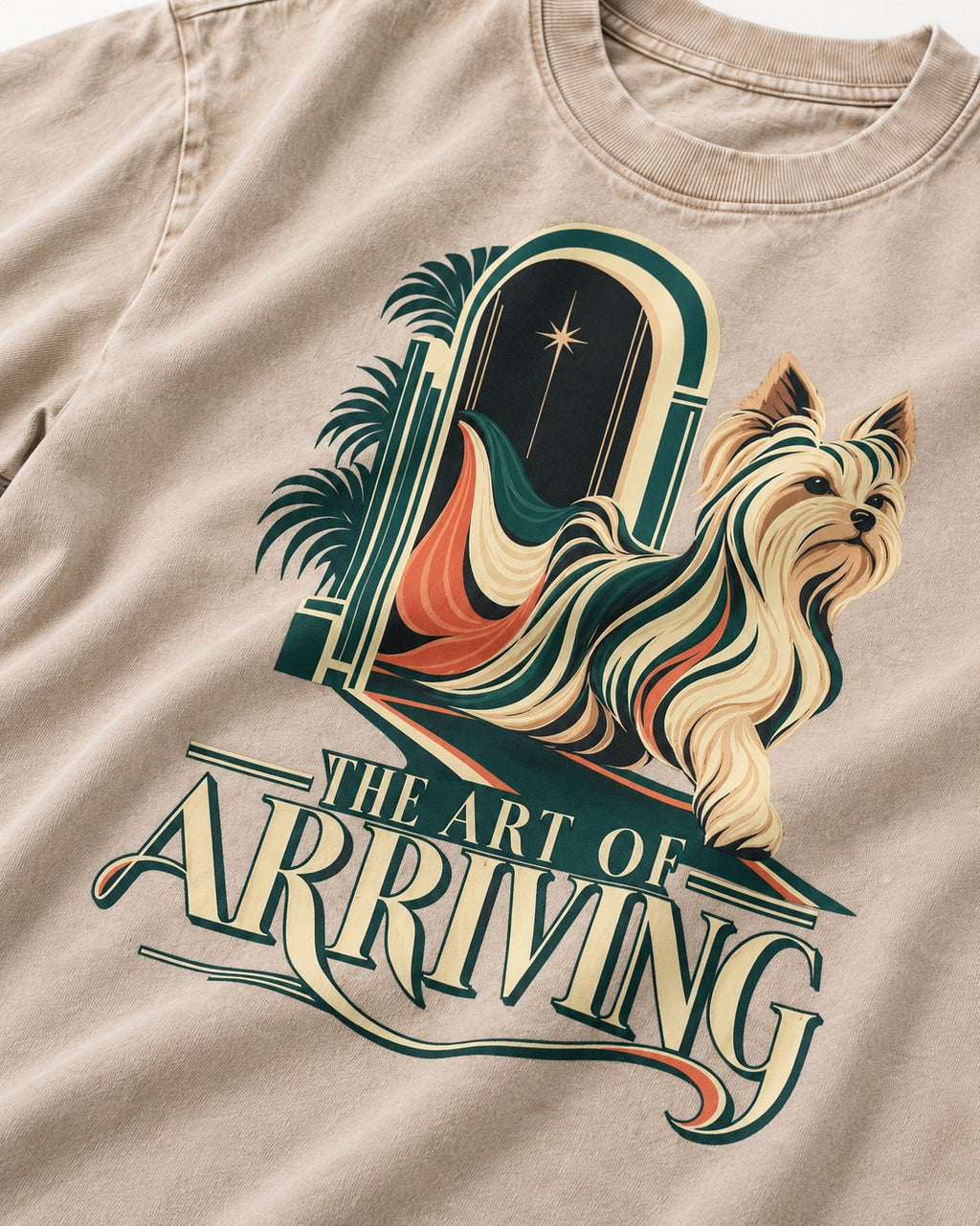 Yorkshire Terrier Arriving Washed Tee in Apricot, close-up of the graphic