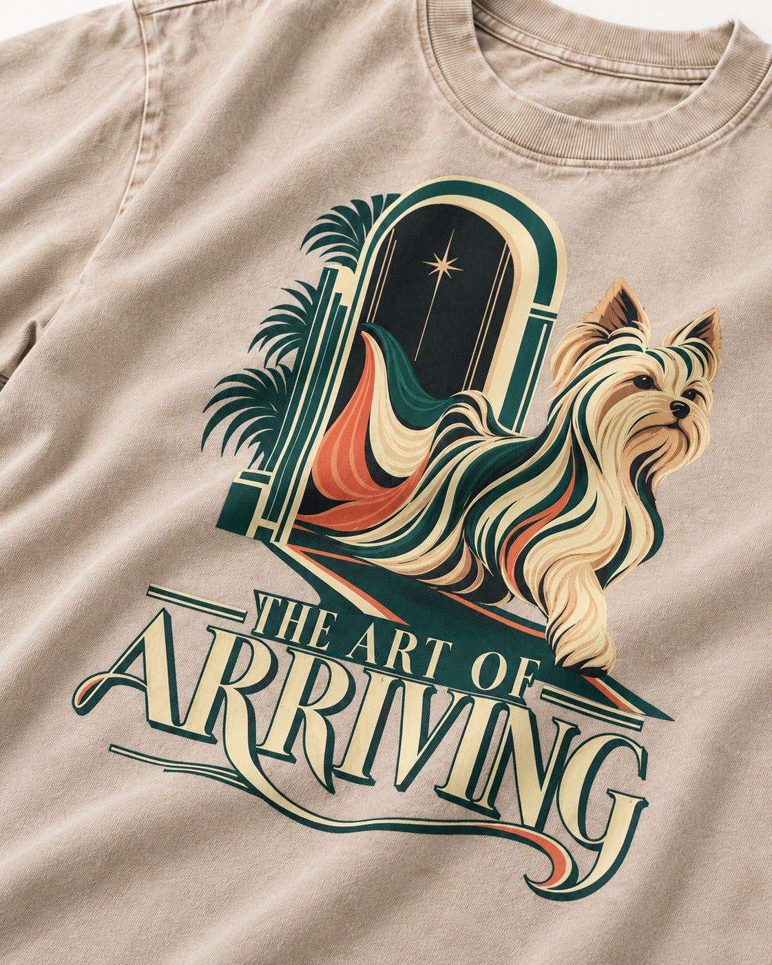 Yorkshire Terrier Arriving Washed Tee in Apricot, close-up of the graphic