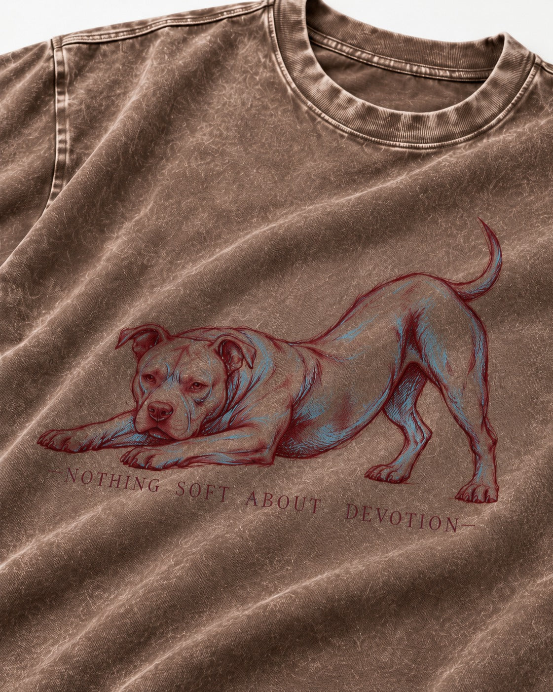Nothing Soft About Pitbull Devotion Washed Tee in Coffee, close-up of the graphic