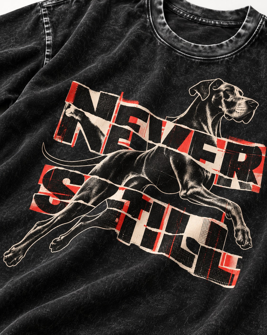 Great Dane Never Still Leaping Collage Graphic Washed Tee in Black, close-up of the graphic