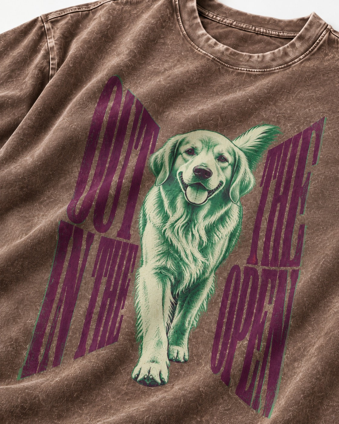 Golden Retriever Out in the Open Washed Tee in Coffee, close-up of the graphic