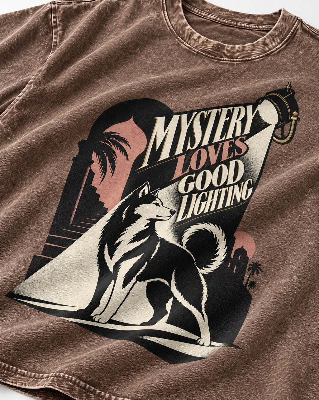 Husky Loves Good Lighting Washed Tee in Coffee, close-up of the graphic