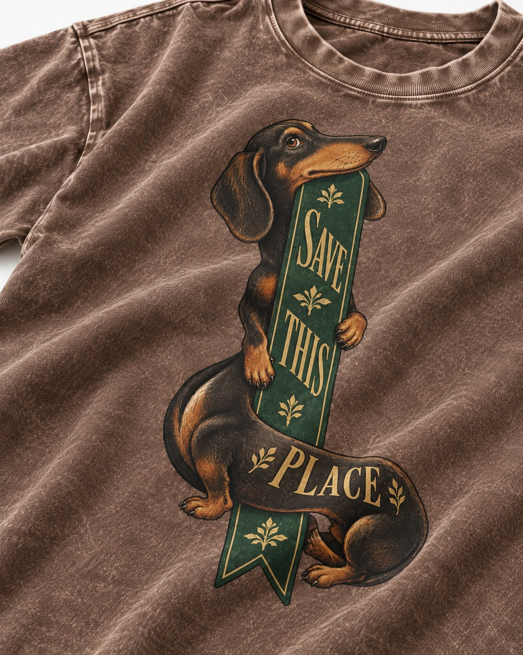 Save This Place Dachshund Washed Tee in Coffee, close-up of the graphic