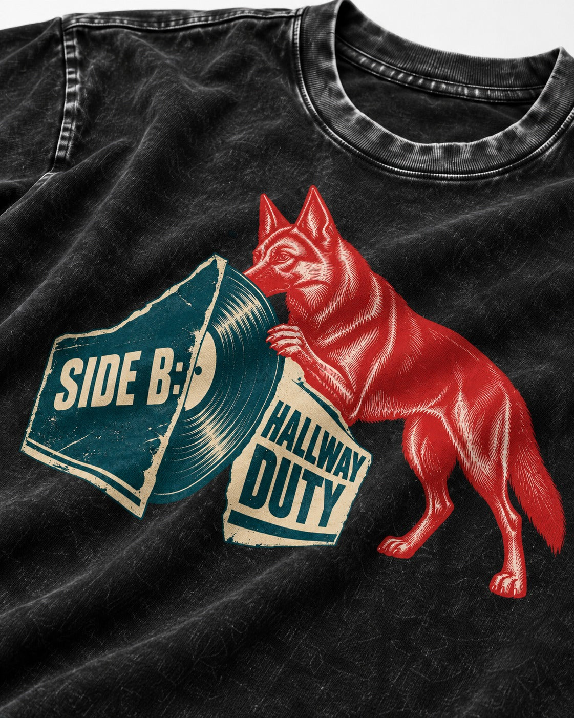 Side B Hallway Duty Vinyl Record German Shepherd Dog Graphic Washed Tee in Black, close-up of the graphic