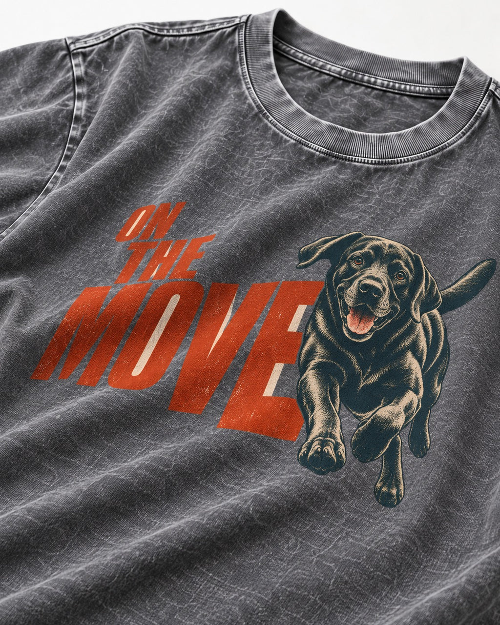 Labrador Retriever On the Move Running Graphic Washed Tee in Gray, close-up of the graphic
