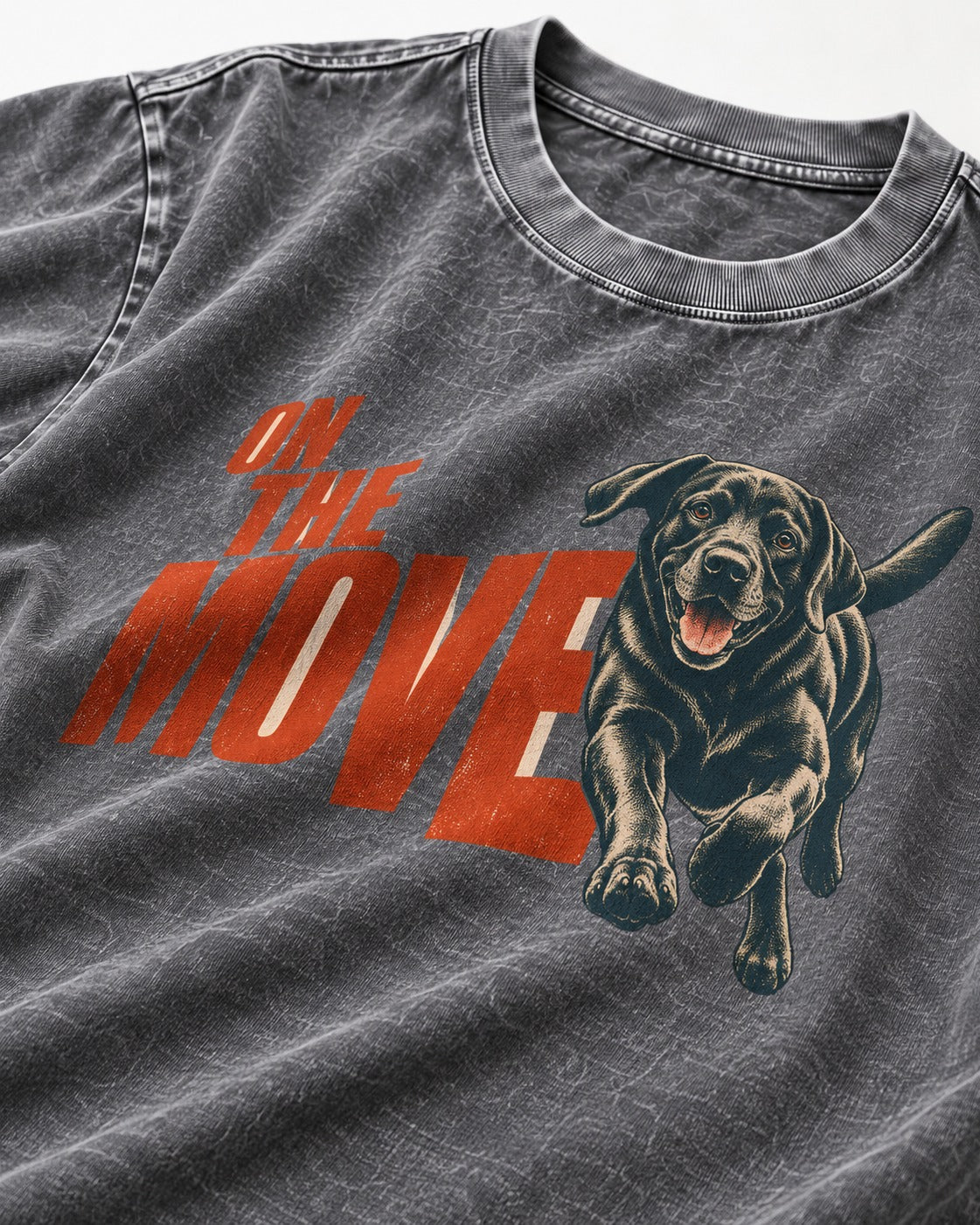 Labrador Retriever On the Move Running Graphic Washed Tee in Gray, close-up of the graphic