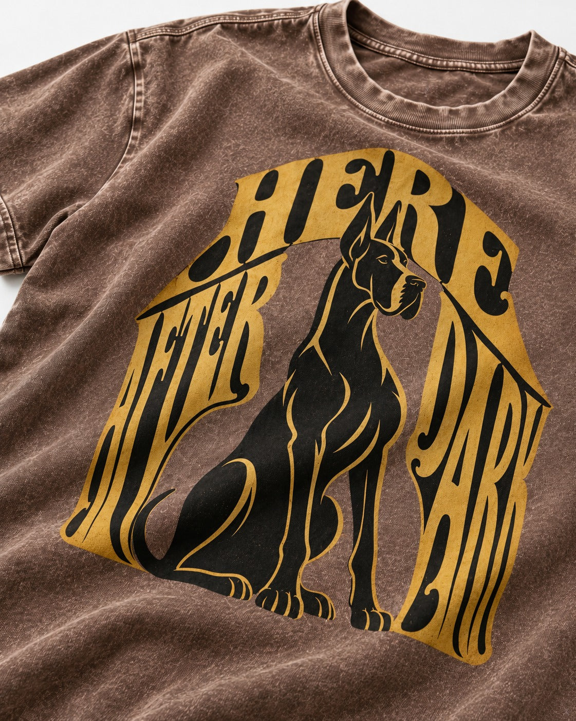 Great Dane Here After Dark Washed Tee in Coffee, close-up of the graphic