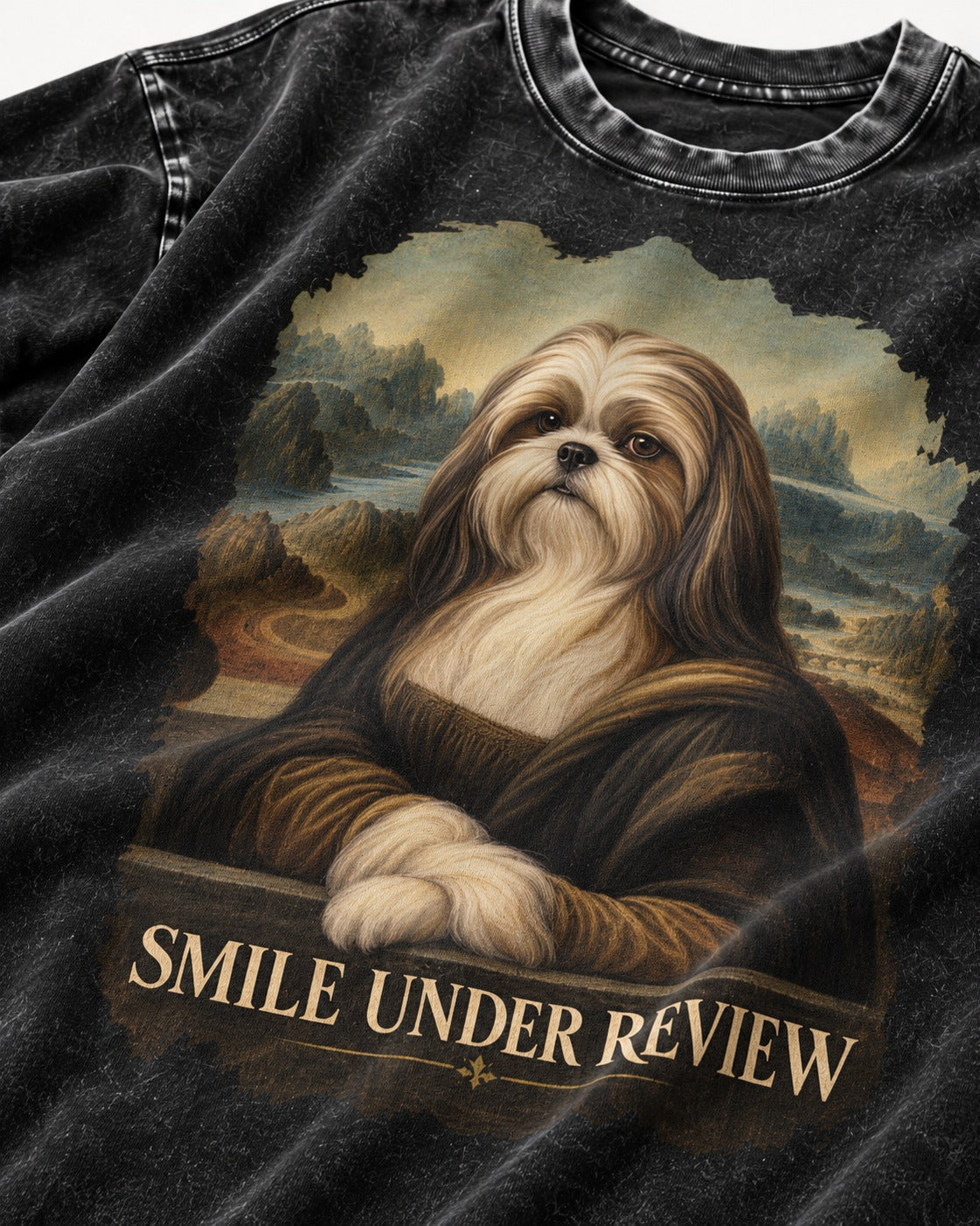 Shih Tzu Smile Under Review Old Master Portrait Graphic Washed Tee in Black, close-up of the graphic