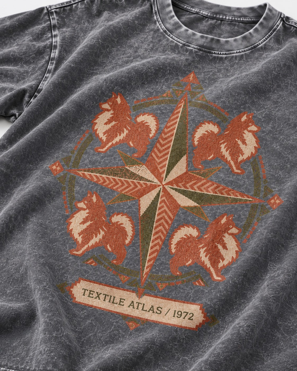 Pomeranian Textile Atlas Compass Rose Graphic Washed Tee in Gray, close-up of the graphic