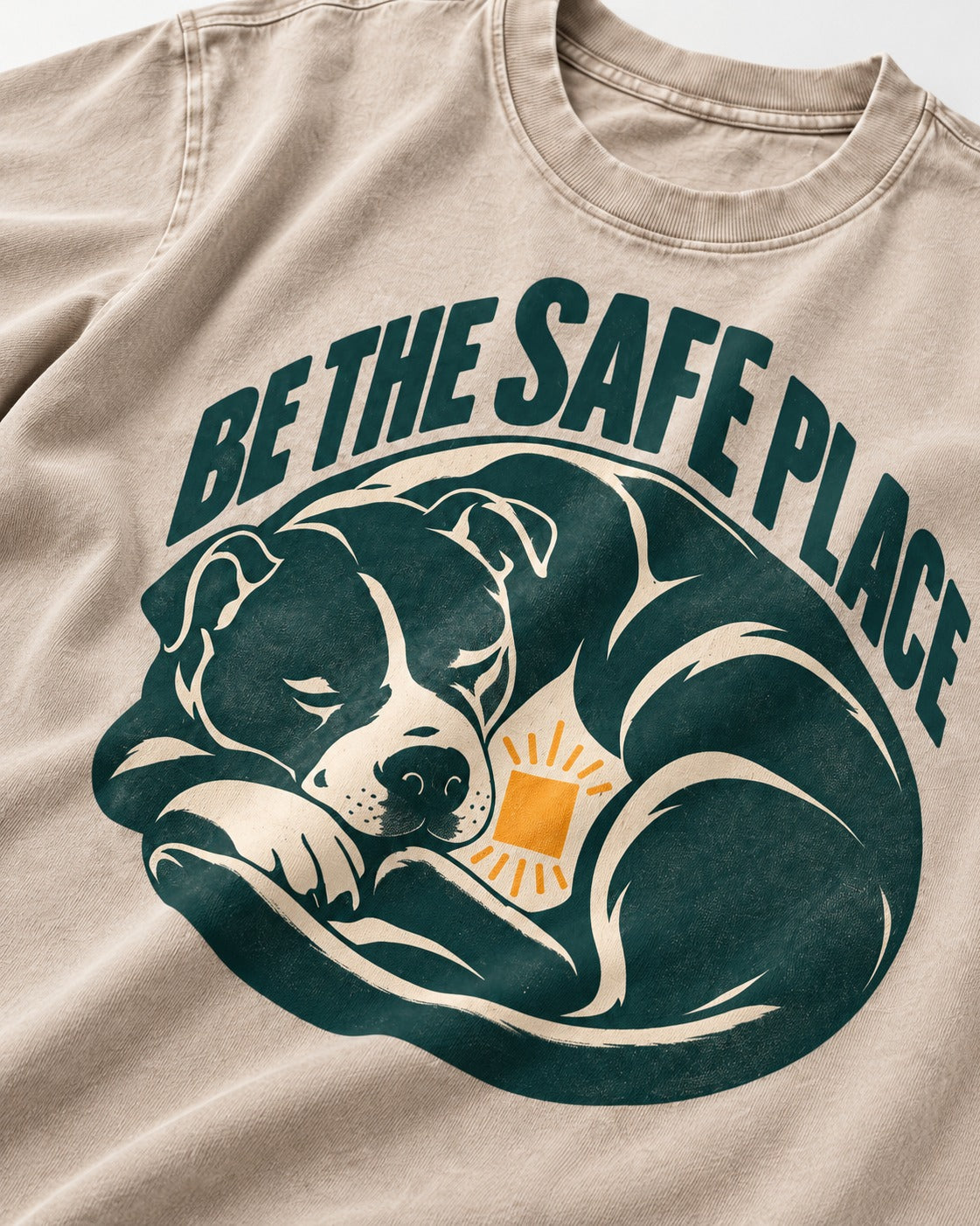 Pitbull Safe Place Washed Tee in Apricot, close-up of the graphic