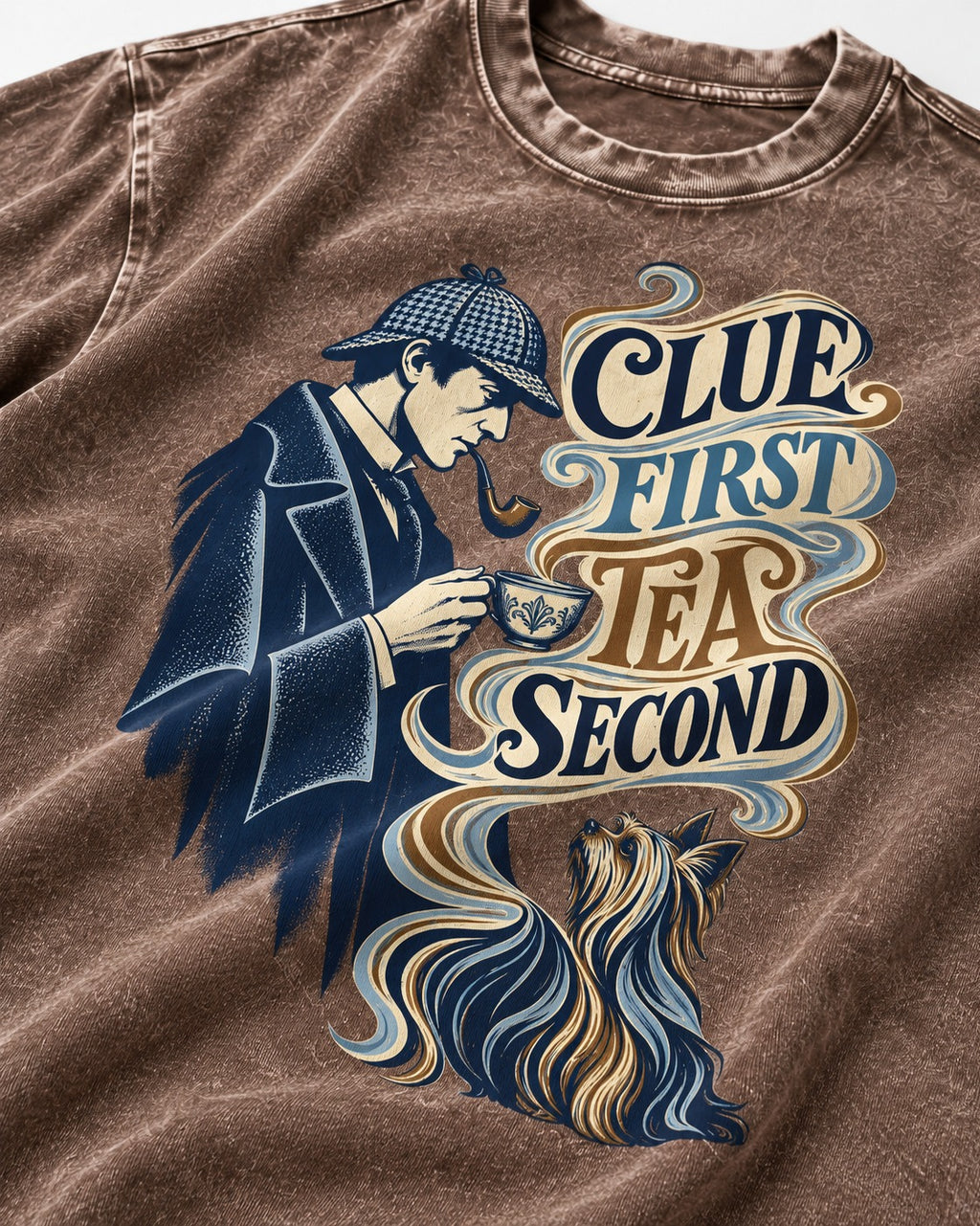 Yorkshire Terrier Clue First Tea Second Detective Graphic Washed Tee in Coffee, close-up of the graphic