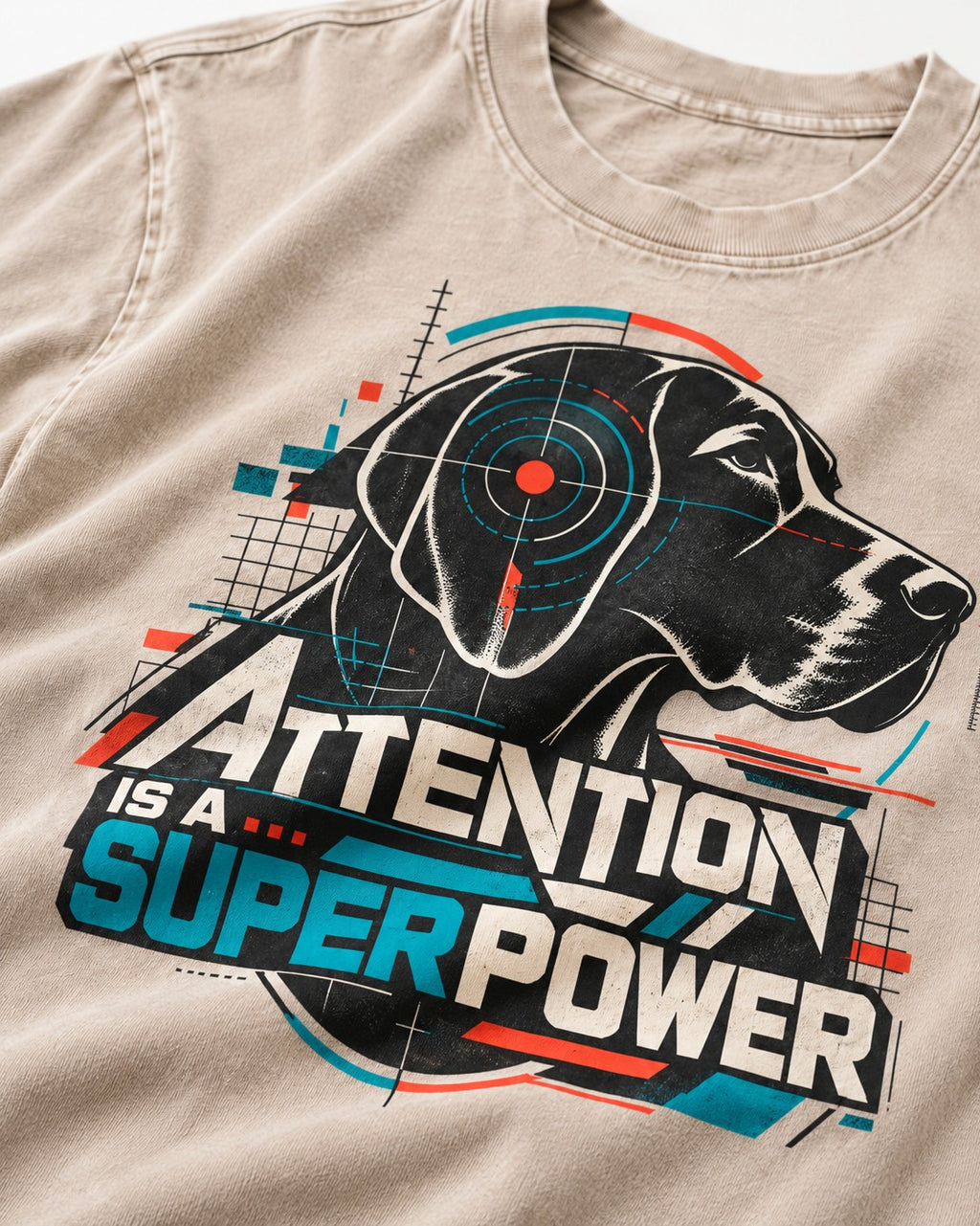 German Shorthaired Pointer Attention Is a Superpower Washed Tee in Apricot, close-up of the graphic