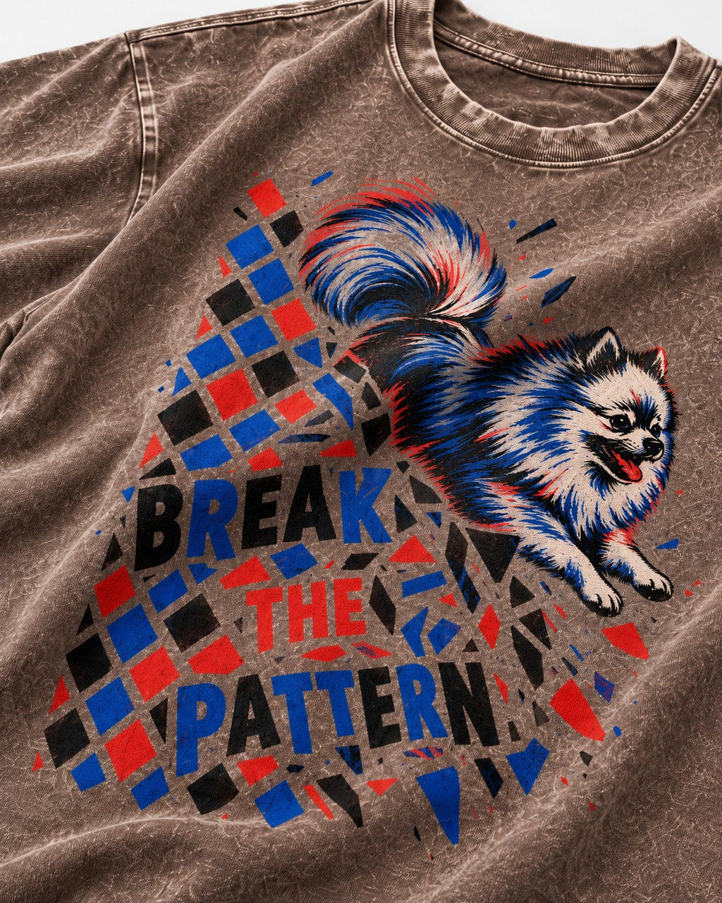 Pomeranian Break the Pattern Washed Tee in Coffee, close-up of the graphic