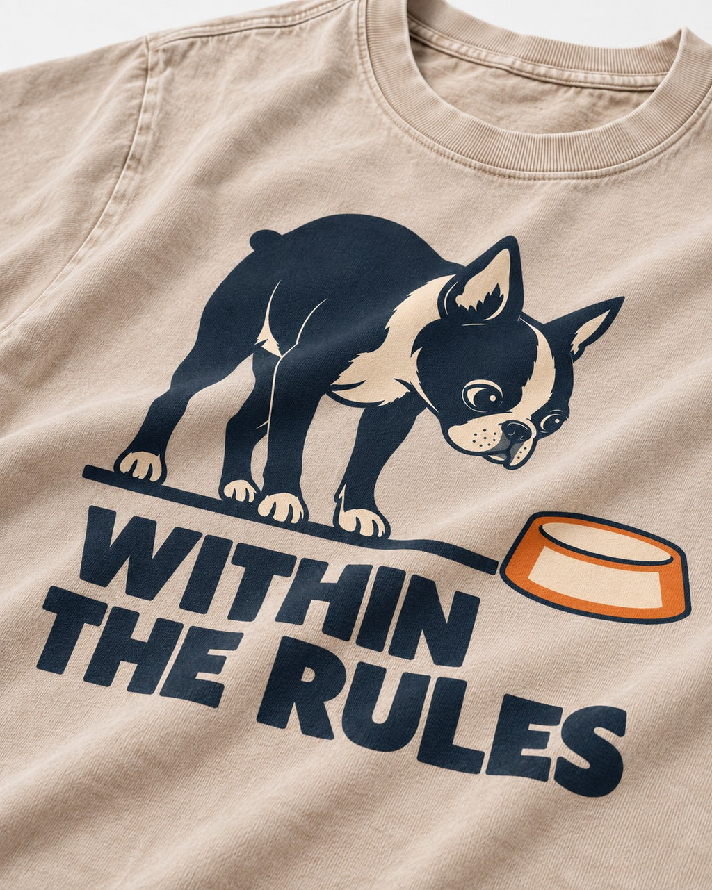 Within the Rules Boston Terrier Washed Tee in Apricot, close-up of the graphic