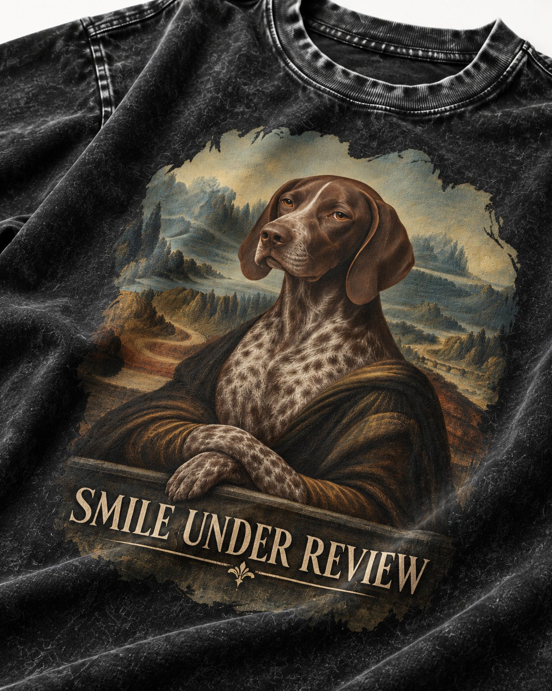 German Shorthaired Pointer Smile Under Review Renaissance Portrait Graphic Washed Tee in Black, close-up of the graphic