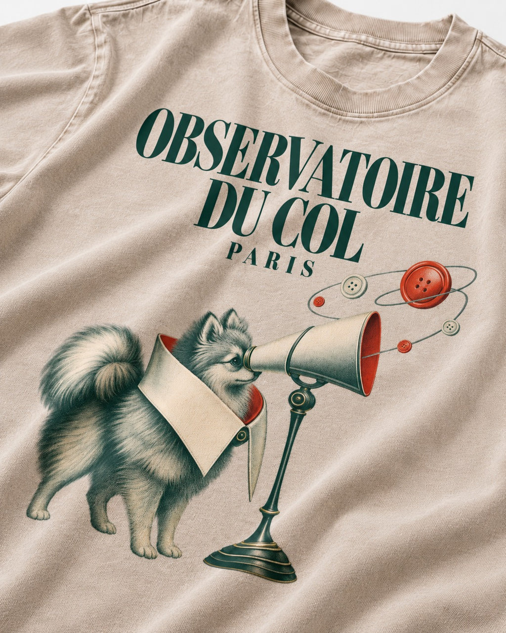 Pomeranian Observatoire Du Col Washed Tee in Apricot, close-up of the graphic