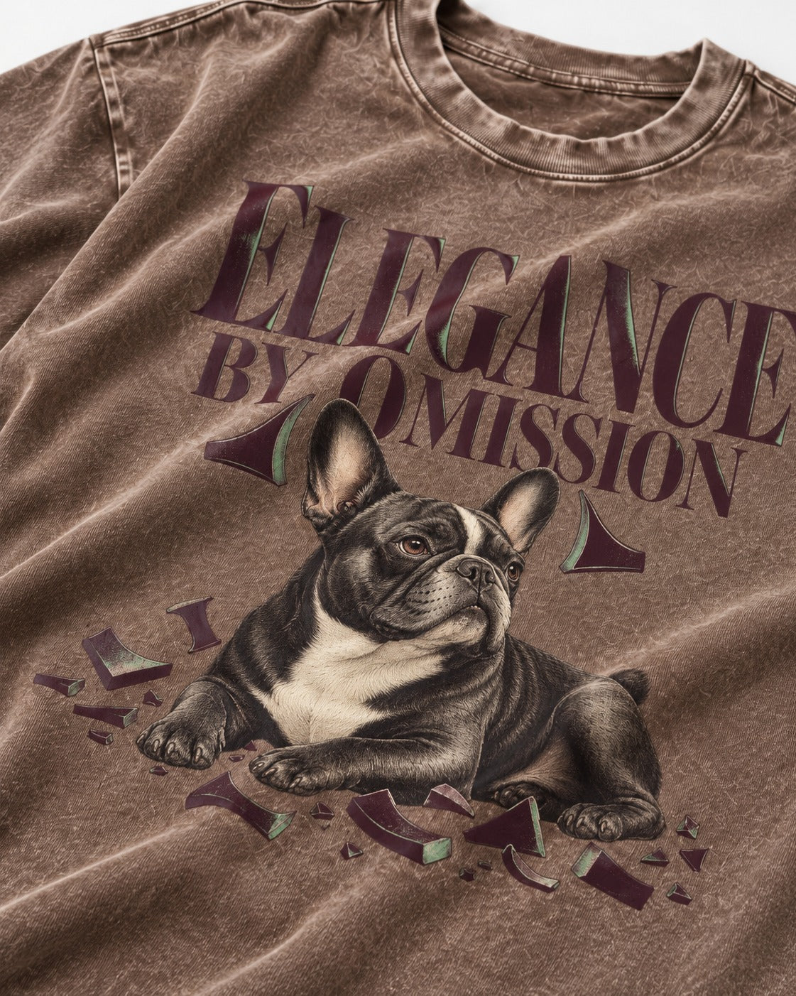 Frenchie Elegance by Omission Washed Tee in Coffee, close-up of the graphic