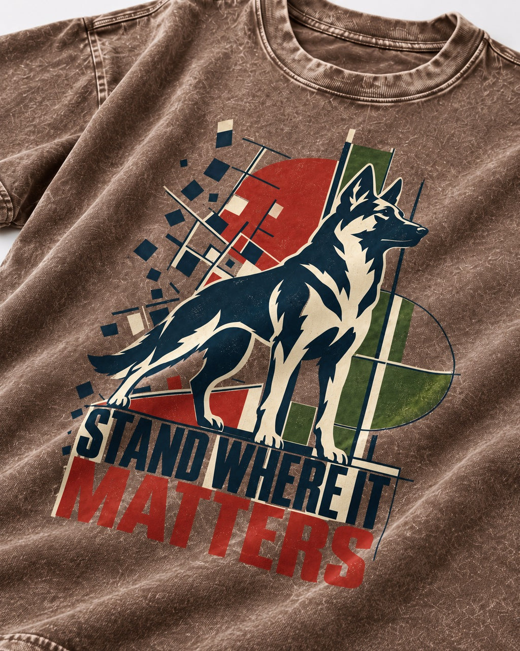 Stand Where It Matters German Shepherd Dog Washed Tee in Coffee, close-up of the graphic