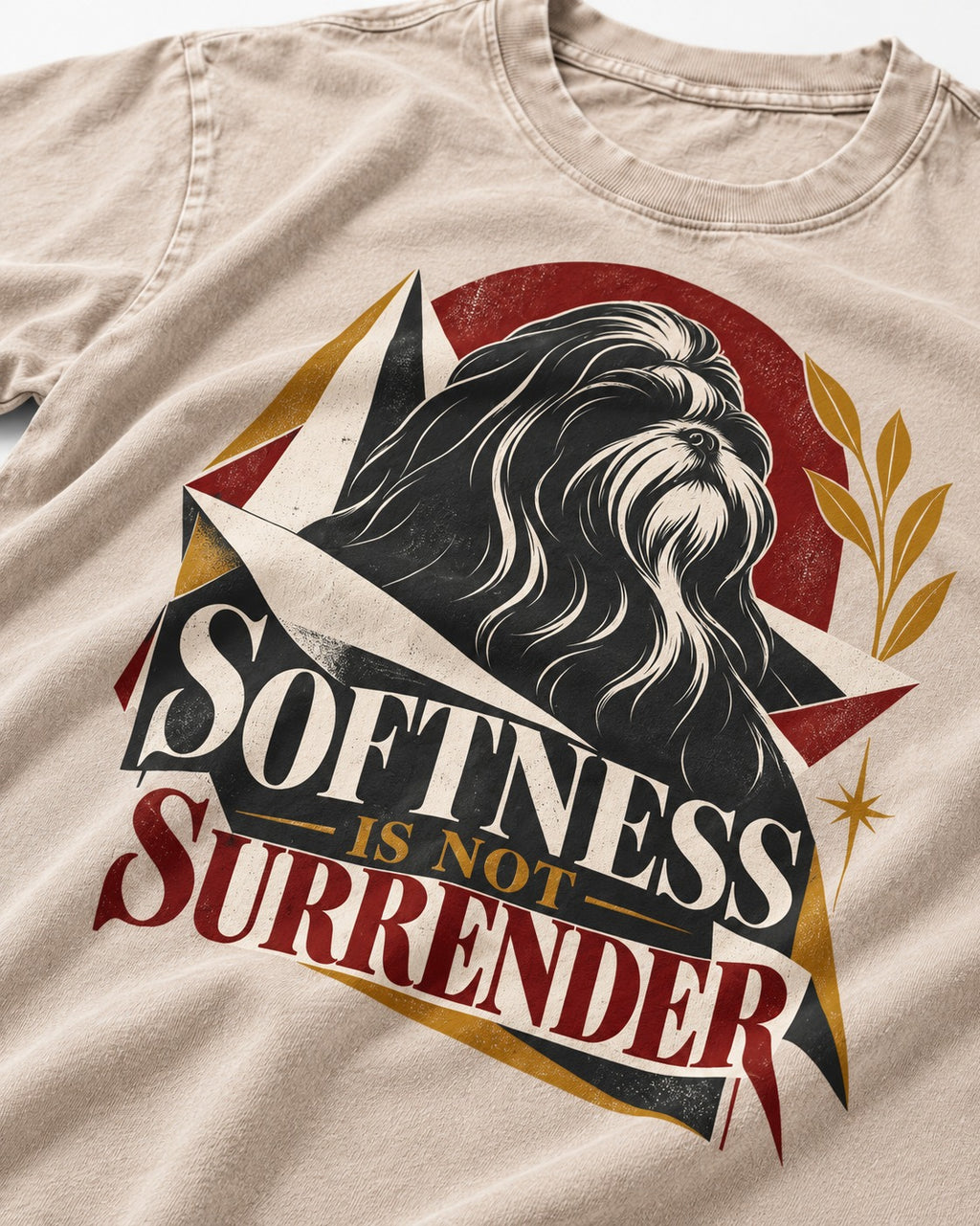Shih Tzu Softness Is Not Surrender Washed Tee in Apricot, close-up of the graphic