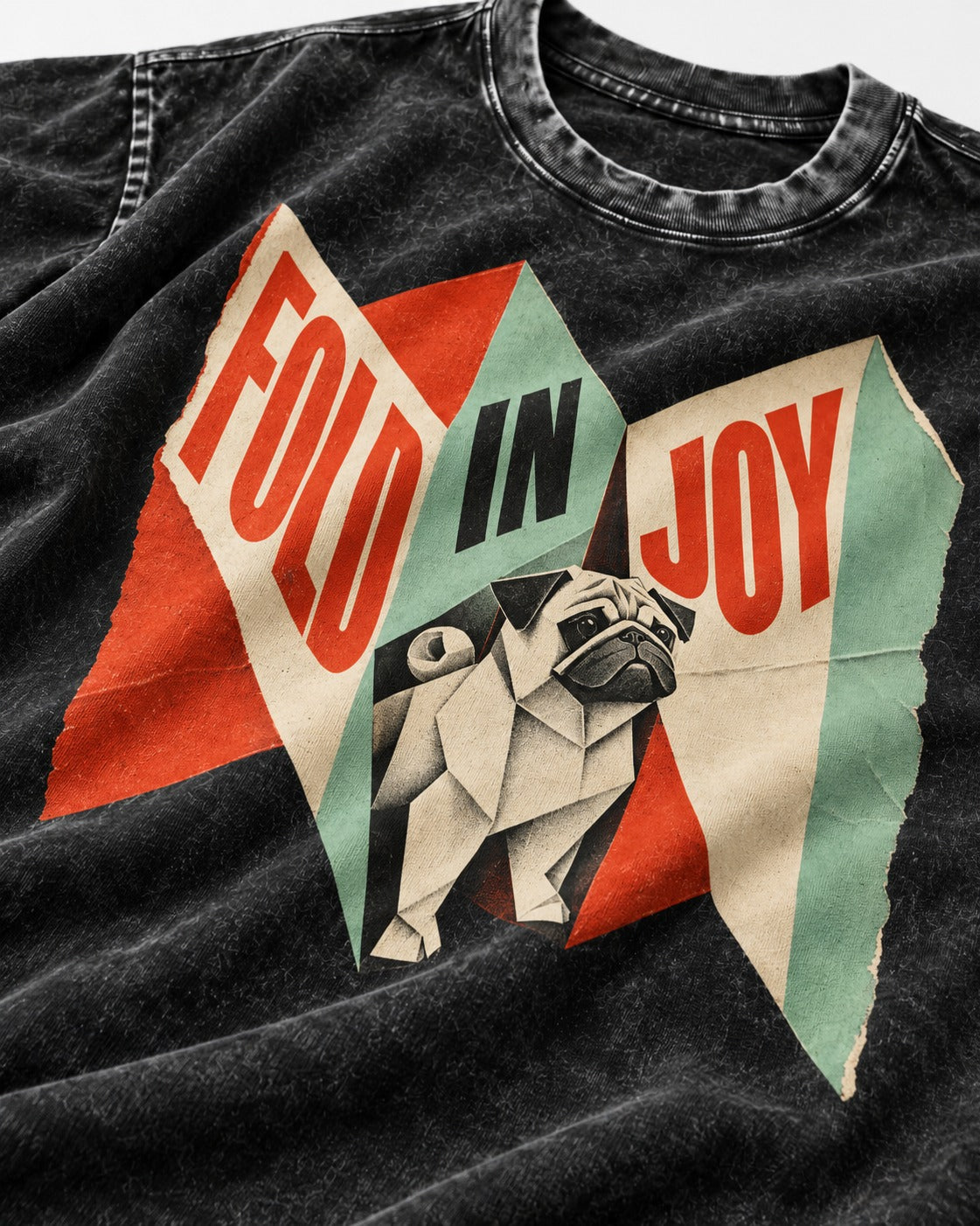 Pug Fold in Joy Geometric Poster Graphic Washed Tee in Black, close-up of the graphic
