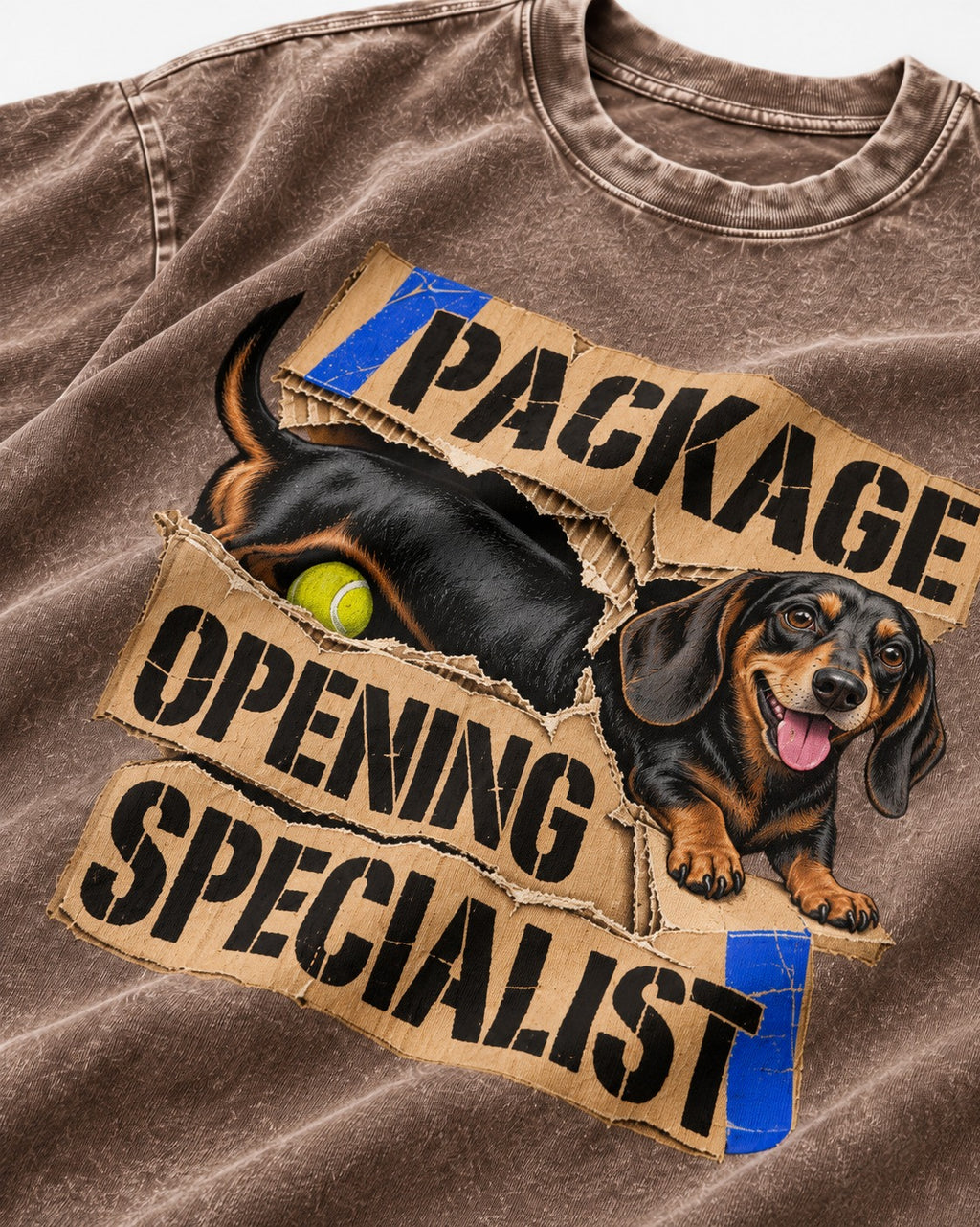 Dachshund Package Opening Specialist Washed Tee in Coffee, close-up of the graphic