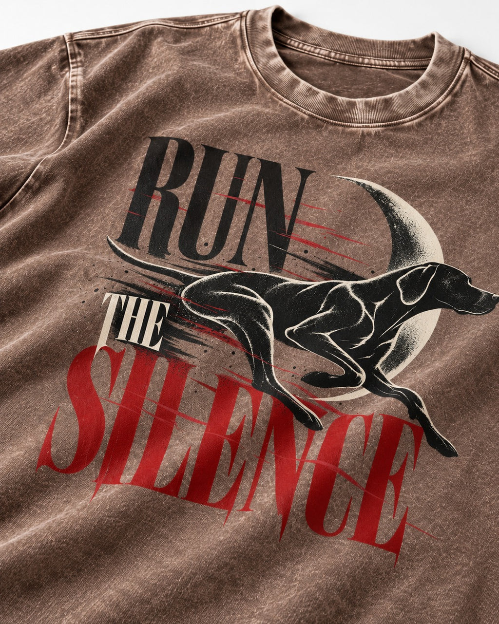 Run the Silence German Shorthaired Pointer Washed Tee in Coffee, close-up of the graphic