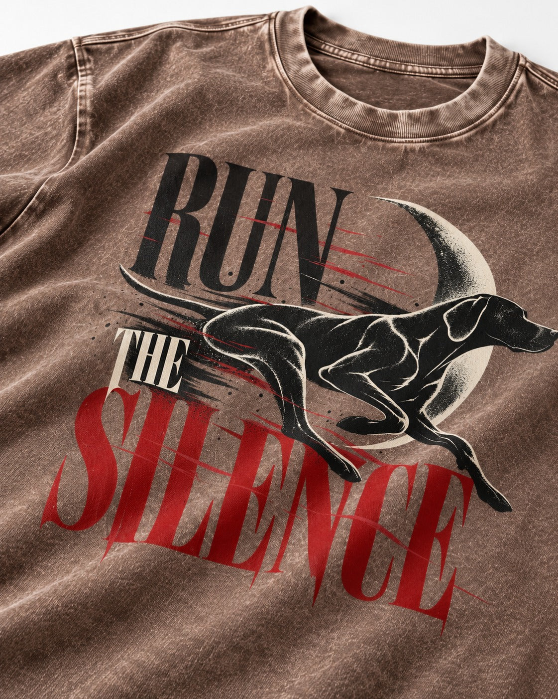 Run the Silence German Shorthaired Pointer Washed Tee in Coffee, close-up of the graphic