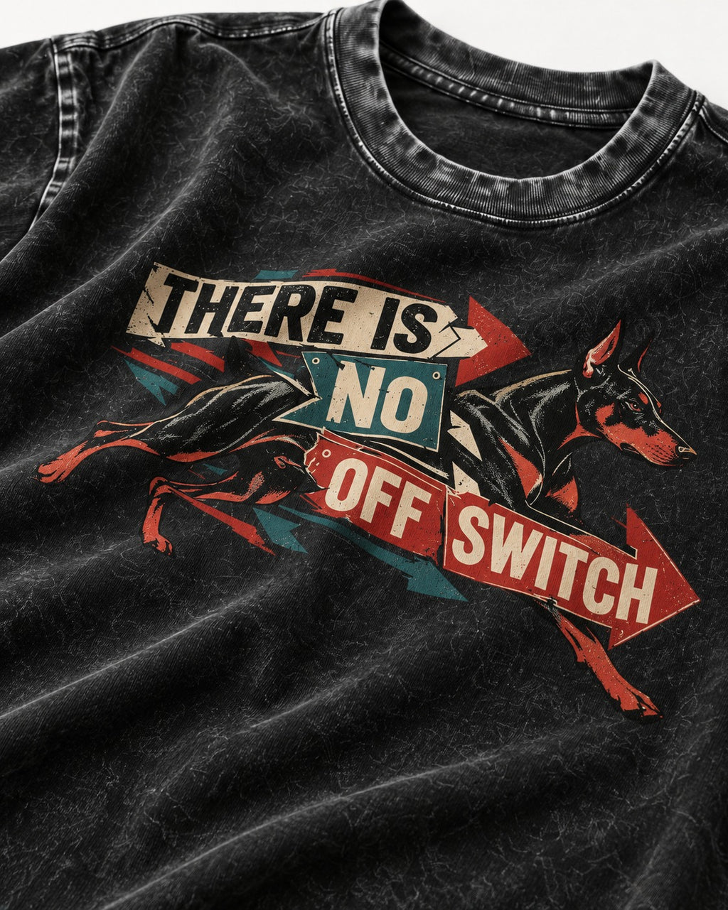 Doberman There Is No Off Switch Arrow Sprint Graphic Washed Tee in Black, close-up of the graphic