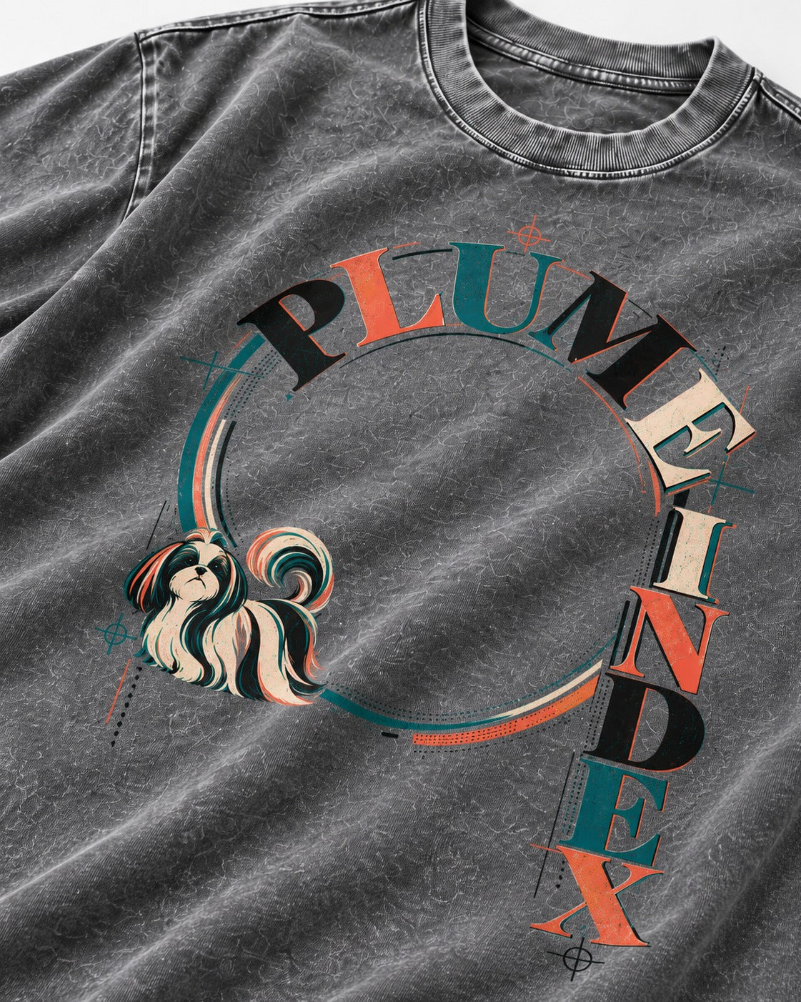 Shih Tzu Plume Index Circular Typography Graphic Washed Tee in Gray, close-up of the graphic