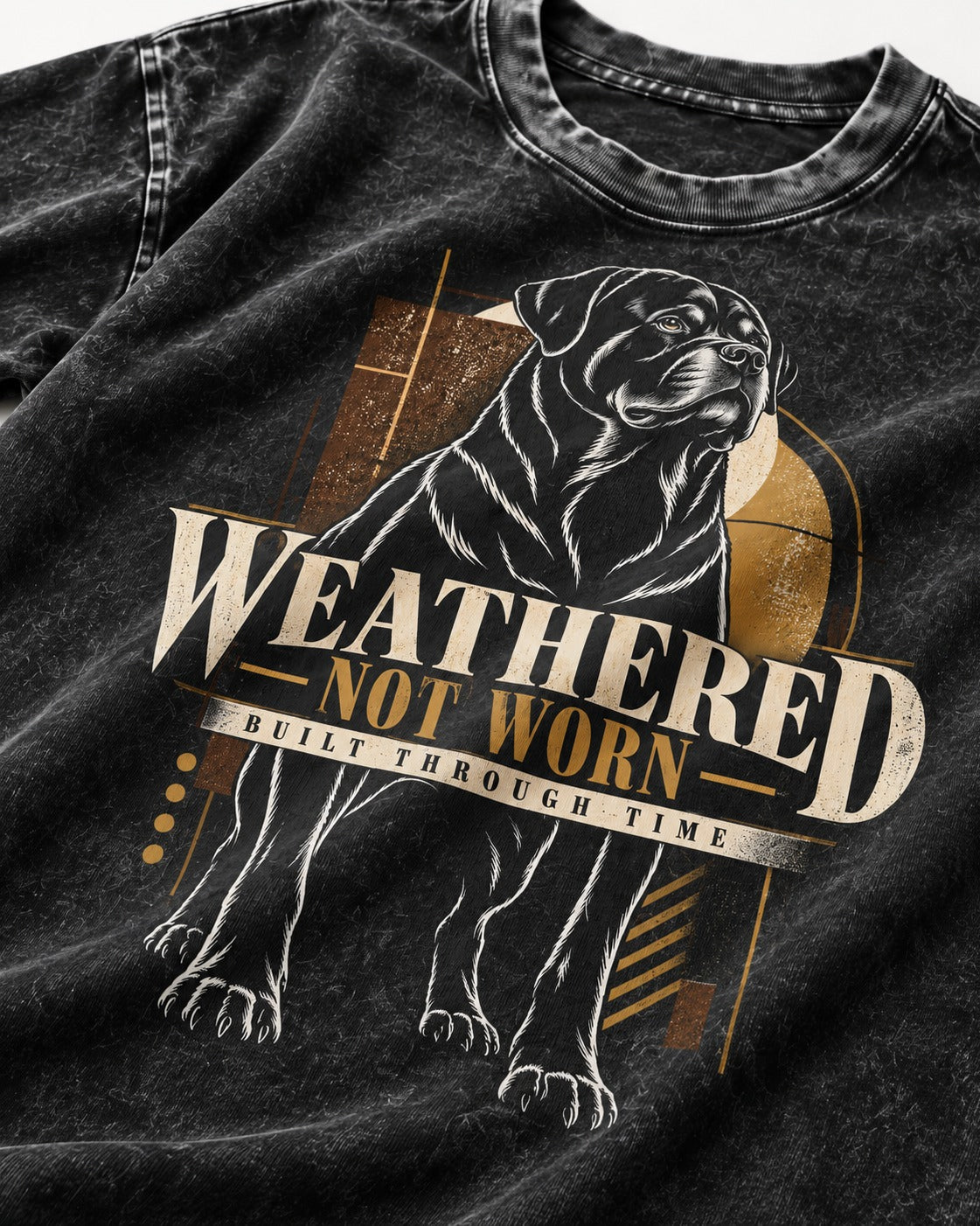 Rottweiler Weathered Not Worn Geometric Graphic Washed Tee in Black, close-up of the graphic