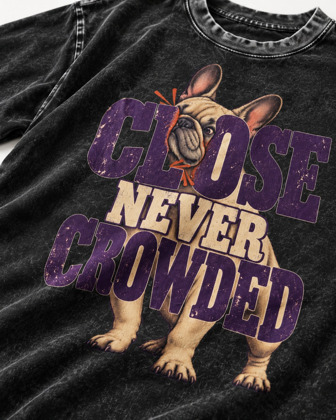 Frenchie Close Never Crowded Peekaboo Type Graphic Washed Tee in Black, close-up of the graphic