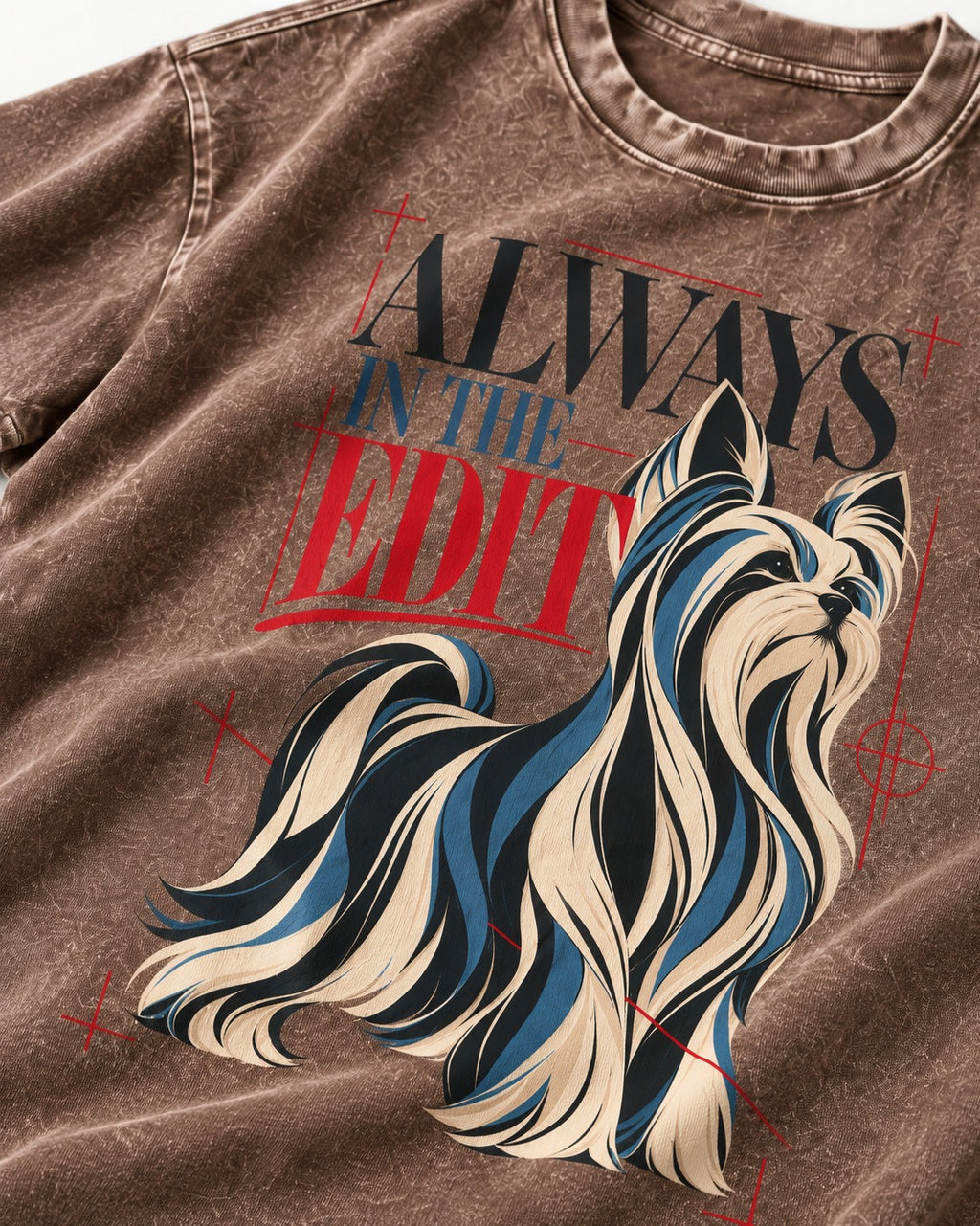 Always in the Edit Yorkshire Terrier Washed Tee in Coffee, close-up of the graphic