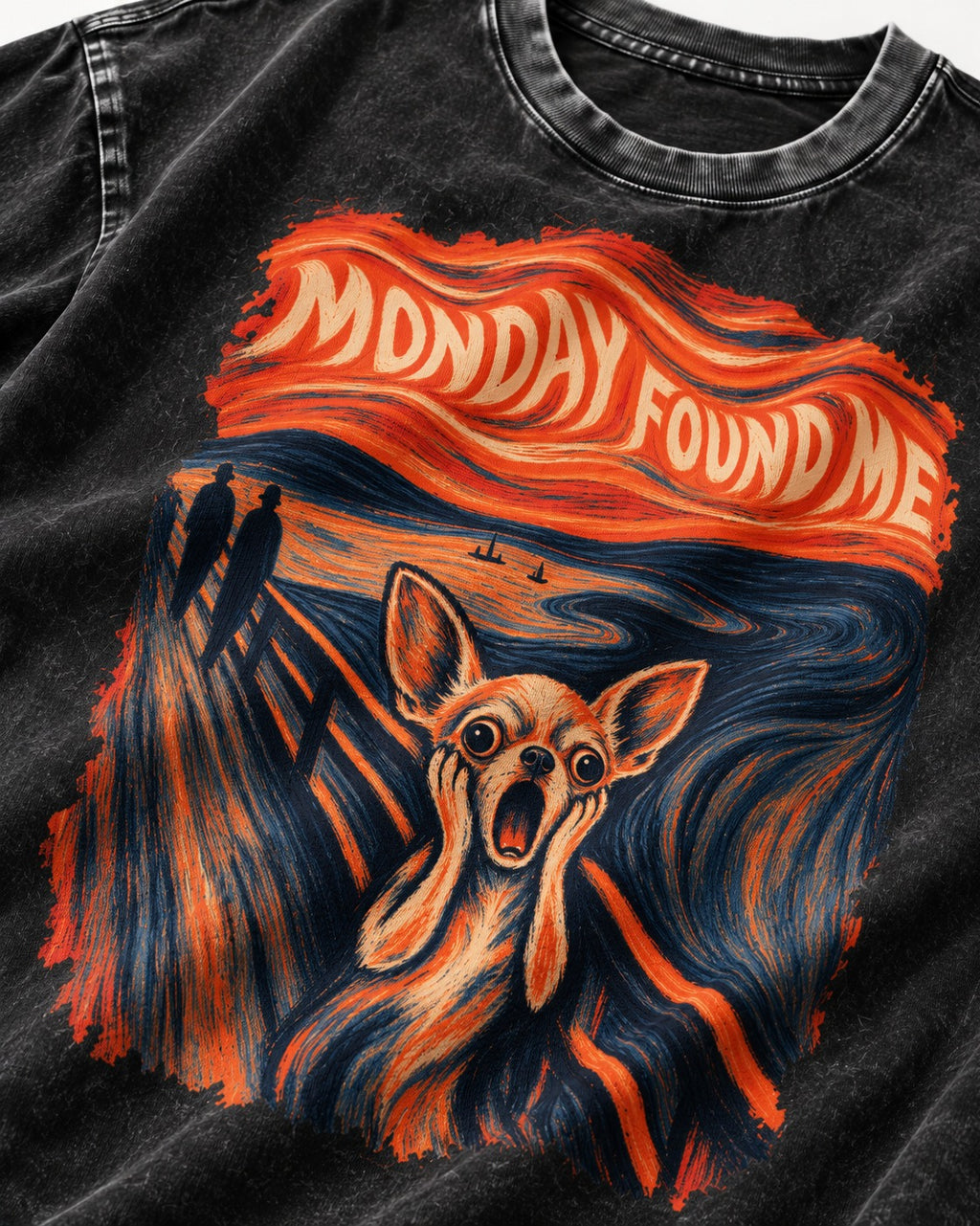 Monday Found Me Chihuahua Scream Banner Washed Tee in Black, close-up of the graphic
