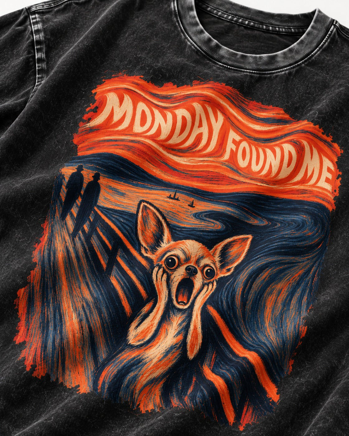 Monday Found Me Chihuahua Scream Banner Washed Tee in Black, close-up of the graphic