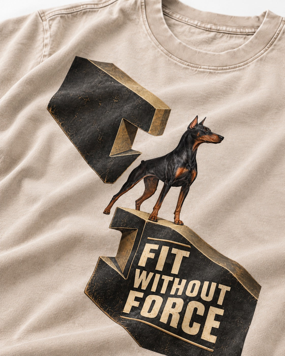 Doberman Fit Without Force Washed Tee in Apricot, close-up of the graphic