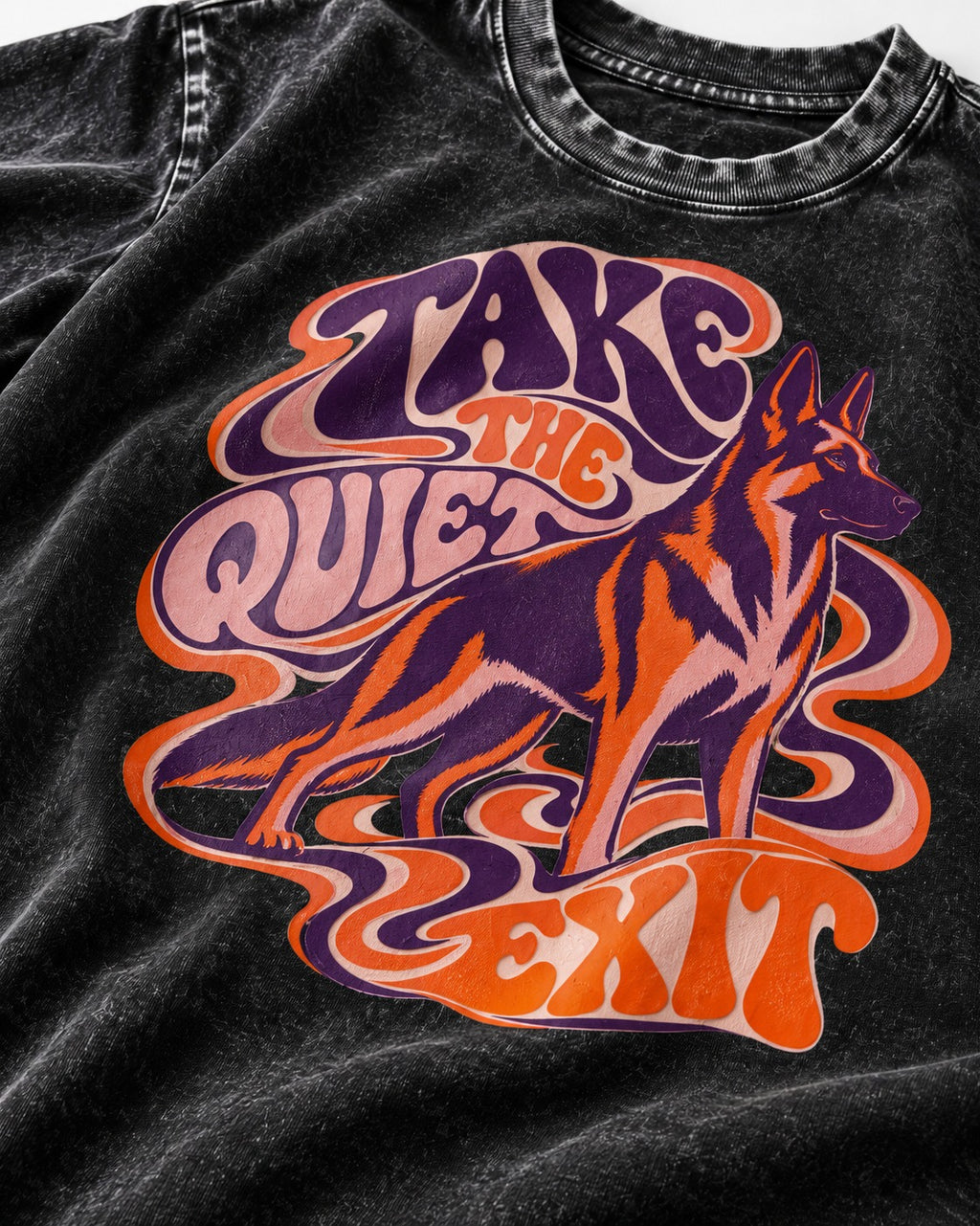 Take The Quiet Exit Psychedelic German Shepherd Dog Graphic Washed Tee in Black, close-up of the graphic