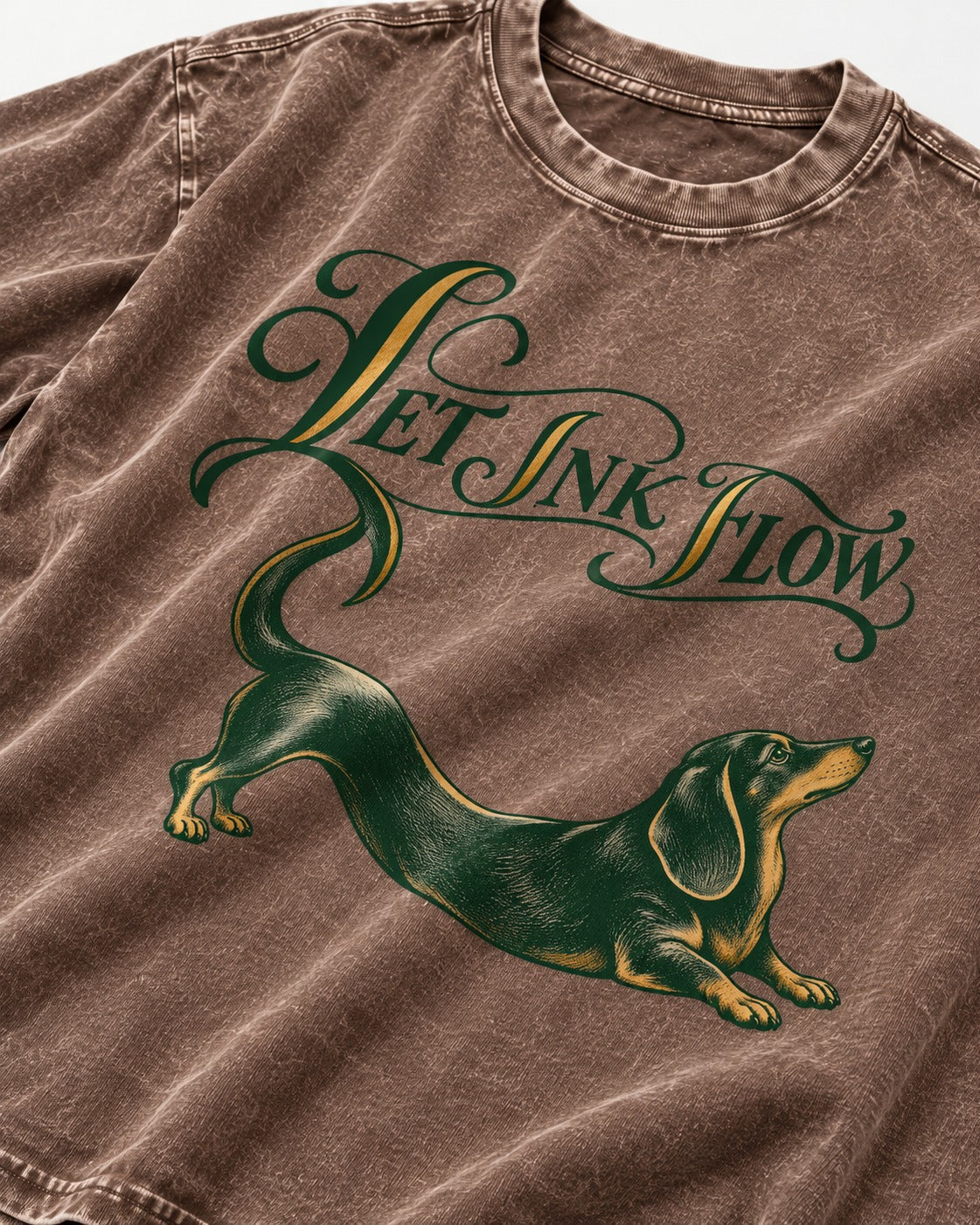 Let the Dachshund Ink Flow Washed Tee in Coffee, close-up of the graphic