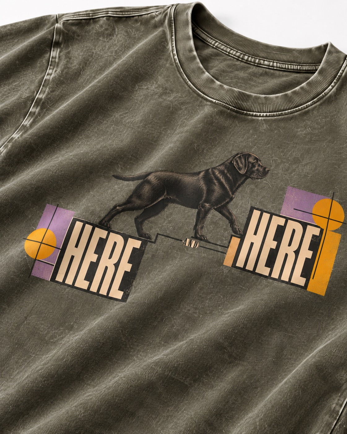 Here and Here Stepping Labrador Retriever Graphic Washed Tee in Army Green, close-up of the graphic