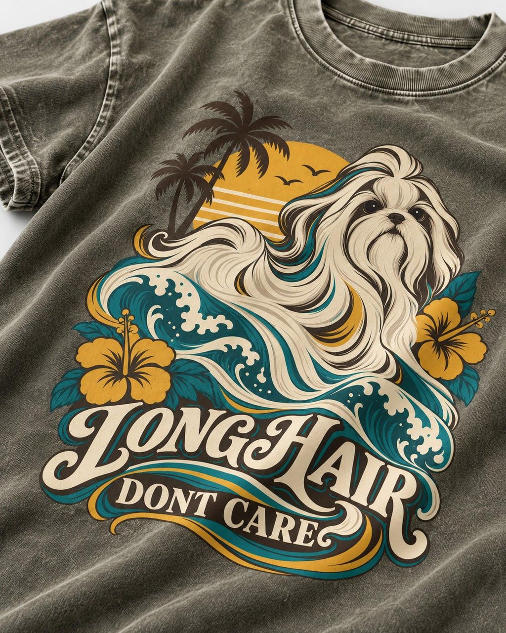 Shih Tzu Long Hair Don't Care Tropical Wave Graphic Washed Tee in Army Green, close-up of the graphic