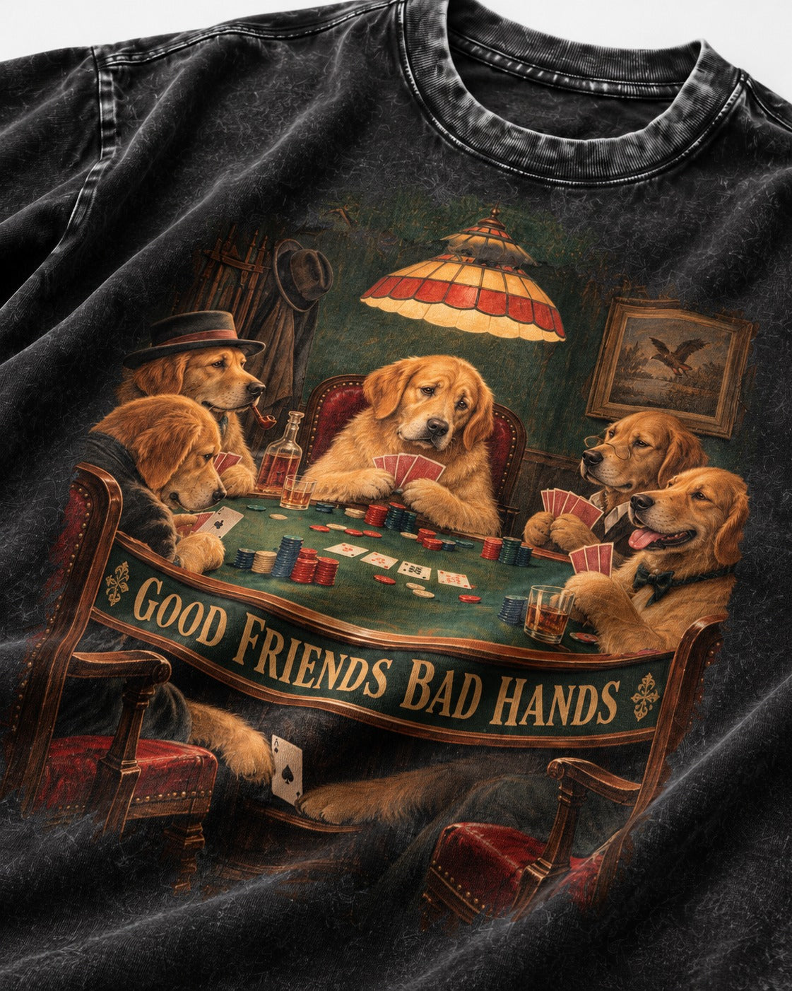 Good Friends Bad Hands Poker Golden Retriever Graphic Washed Tee in Black, close-up of the graphic