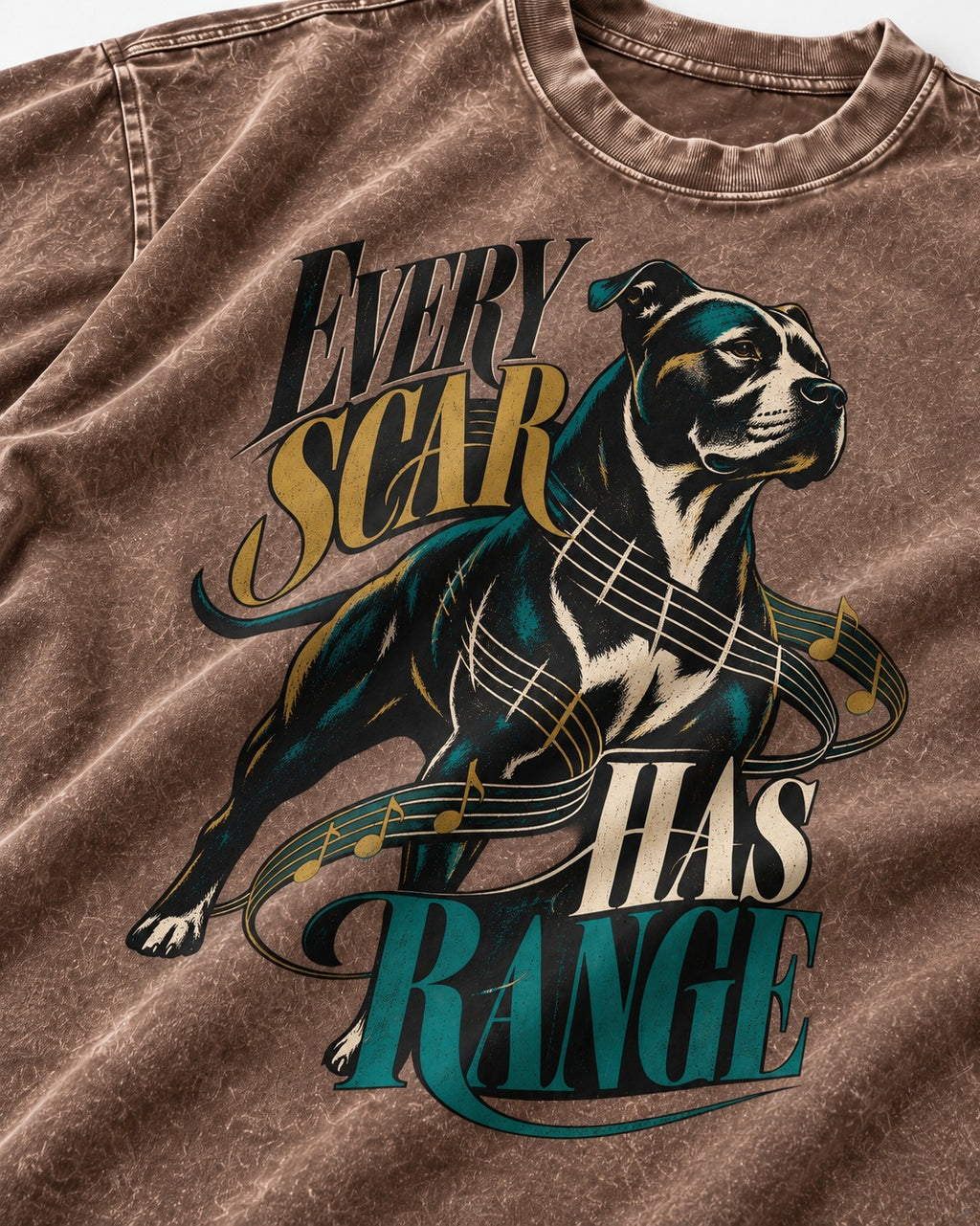 Every Pitbull Scar Has Range Washed Tee in Coffee, close-up of the graphic