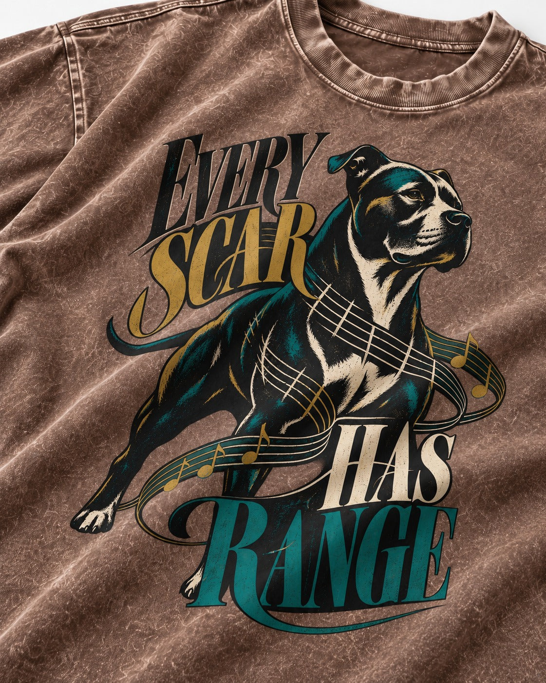 Every Pitbull Scar Has Range Washed Tee in Coffee, close-up of the graphic