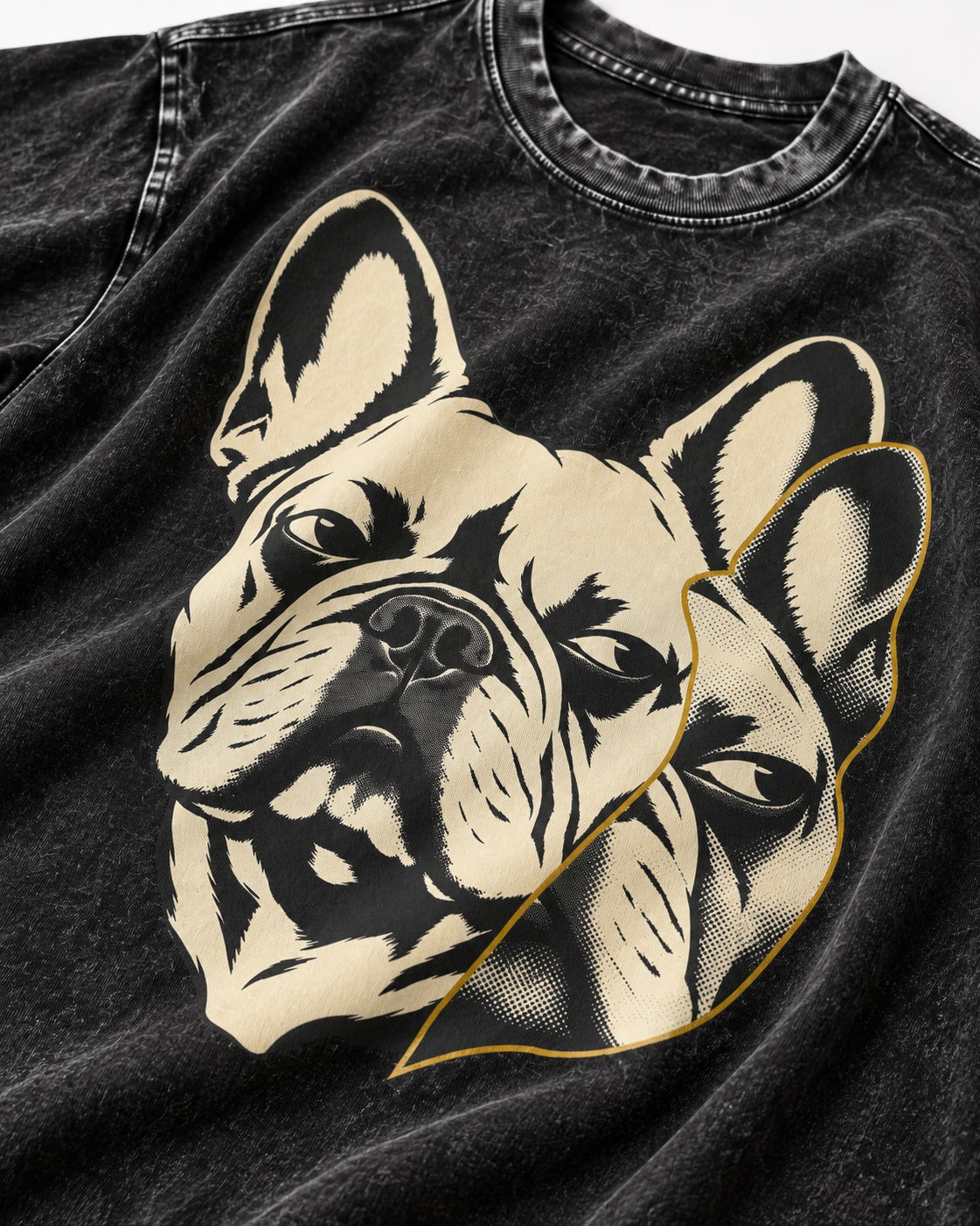 Frenchie Double Crop Side Eye Portrait Graphic Washed Tee in Black, close-up of the graphic